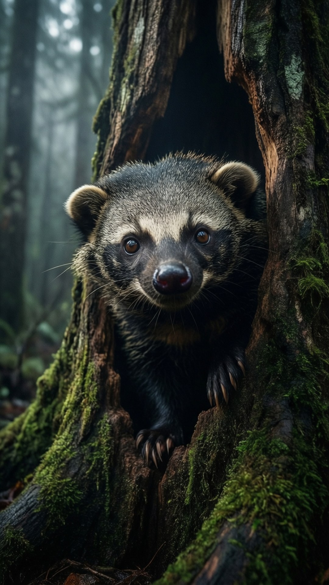 Binturong, tree hollow, misty dark forest, Full HD Phone Wallpaper