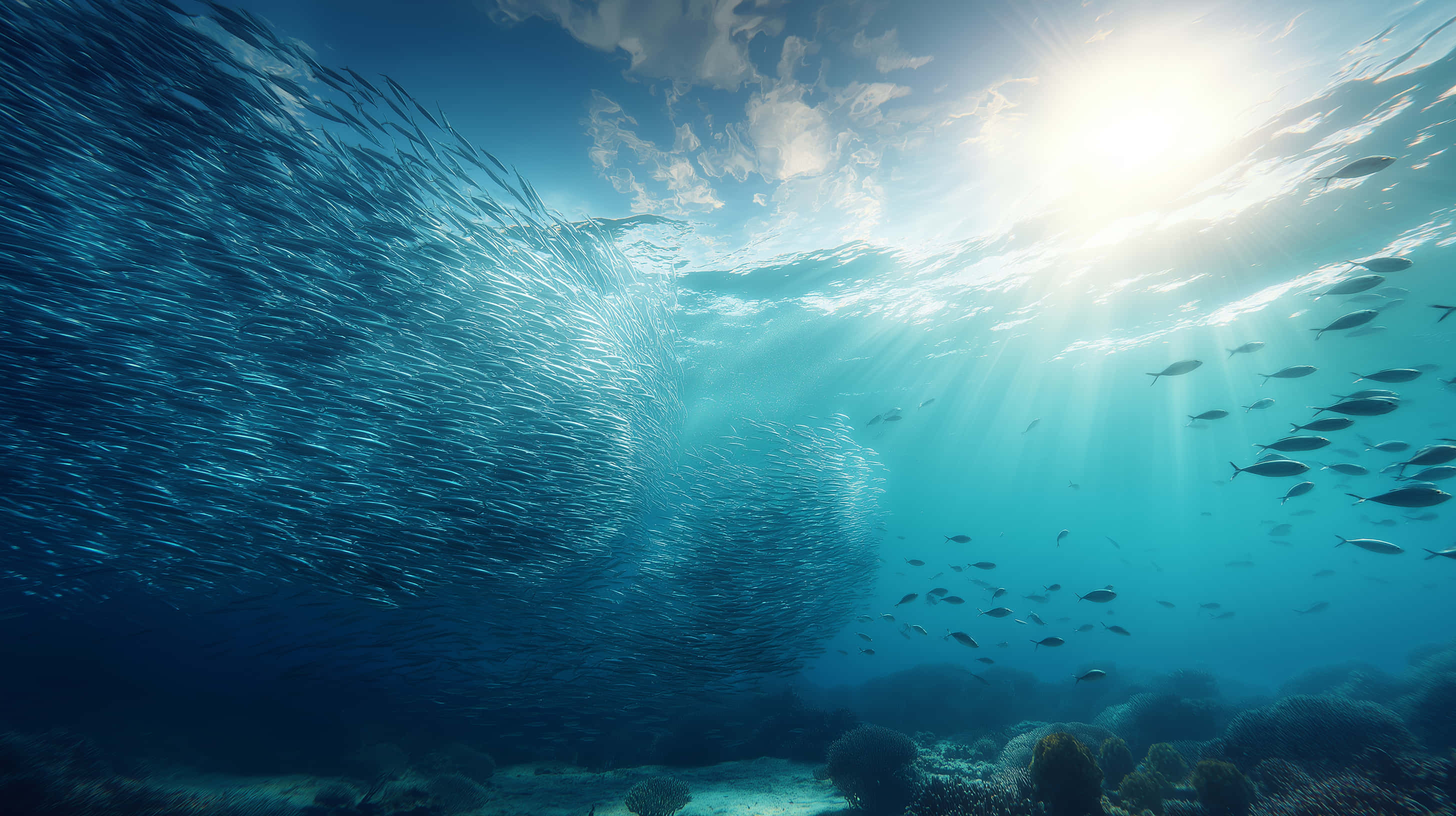 massive fish swarm, radiant ocean surface, sunlight pierces the ocean surface, 2K Desktop Wallpaper