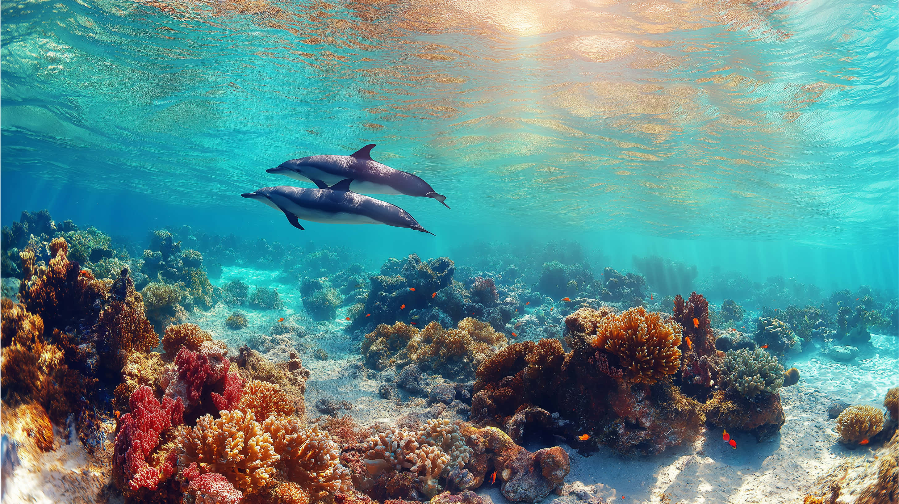 dolphins, vibrant coral reef, golden sunlight, 2K Desktop Wallpaper