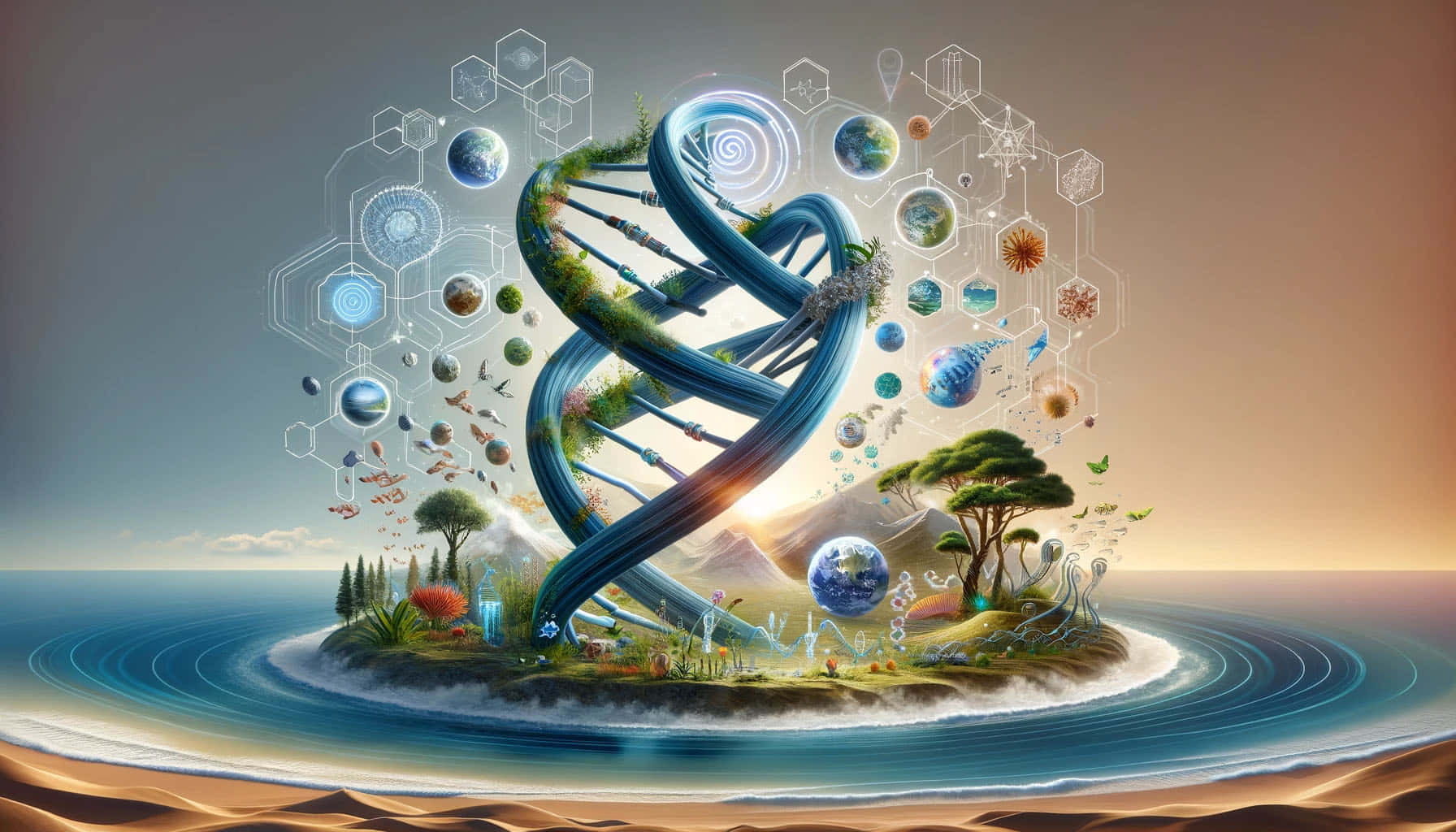 glowing blue DNA helix, lush island, ocean, HD Desktop Wallpaper