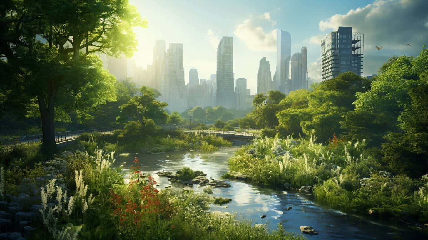 urban nature harmony, lush greenery, modern city skyline, HD Desktop Wallpaper