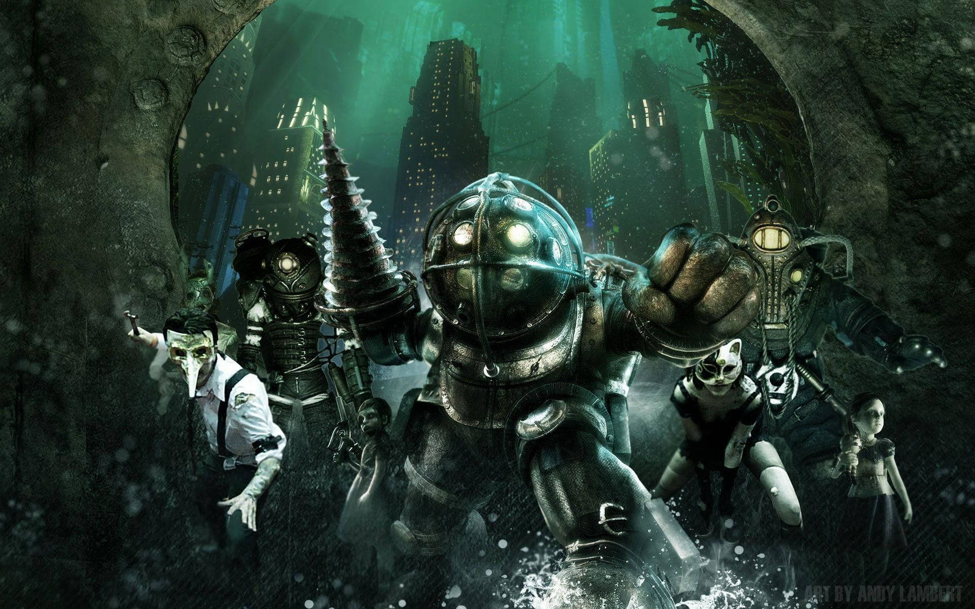 BioShock Characters, armored divers, masked figures, Full HD Desktop Wallpaper