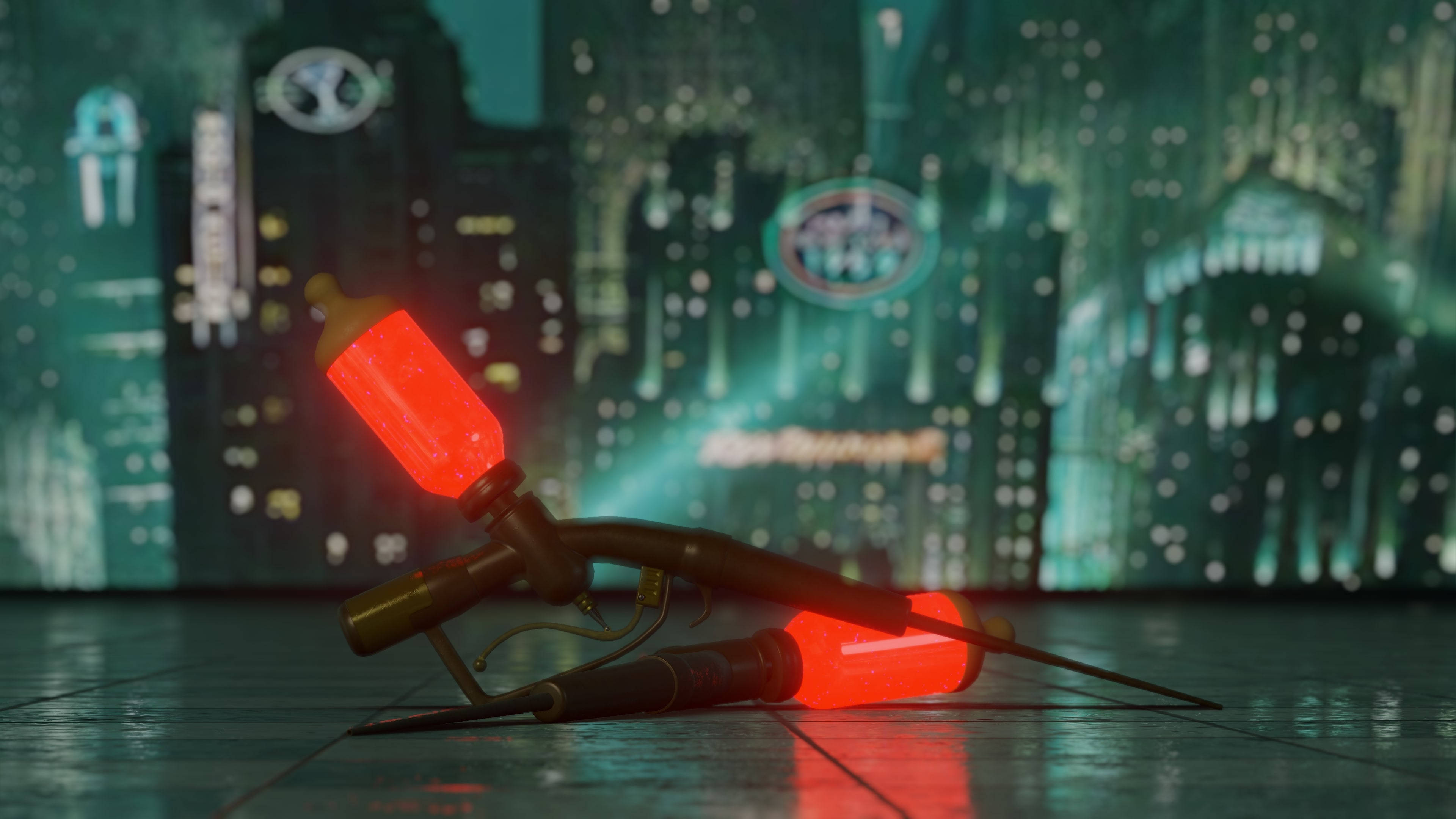 steampunk, Bioshock, glowing red syringe, 4K Desktop Wallpaper