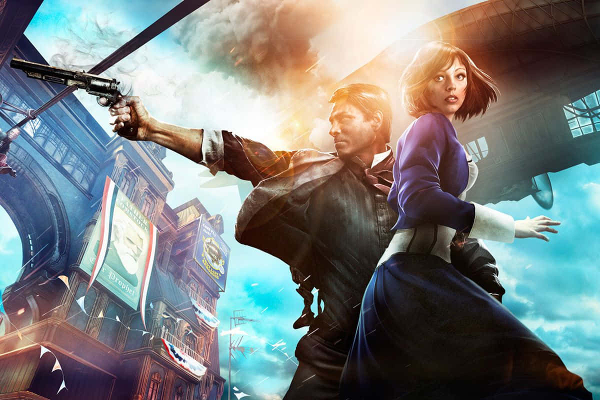 Bioshock, steampunk gear, sky-filled cityscape, SD Desktop Wallpaper