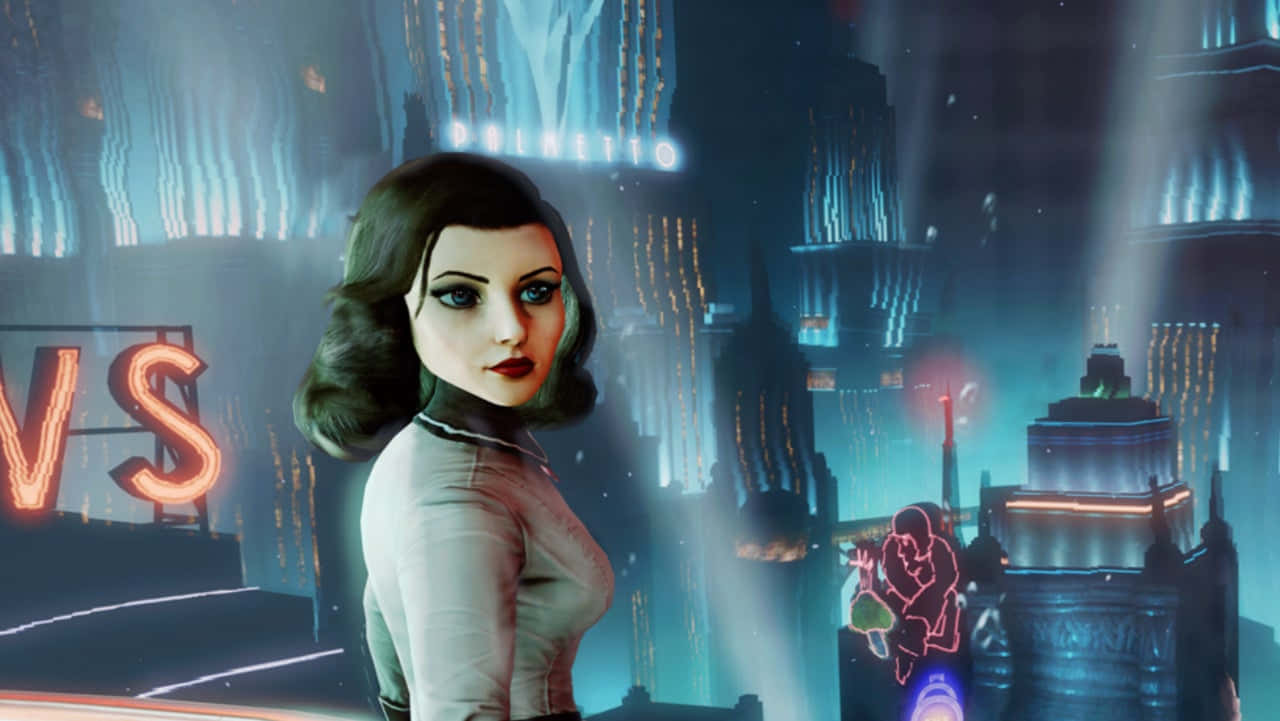 Bioshock Characters, retro-futuristic cityscape, neon signs, HD Desktop Wallpaper