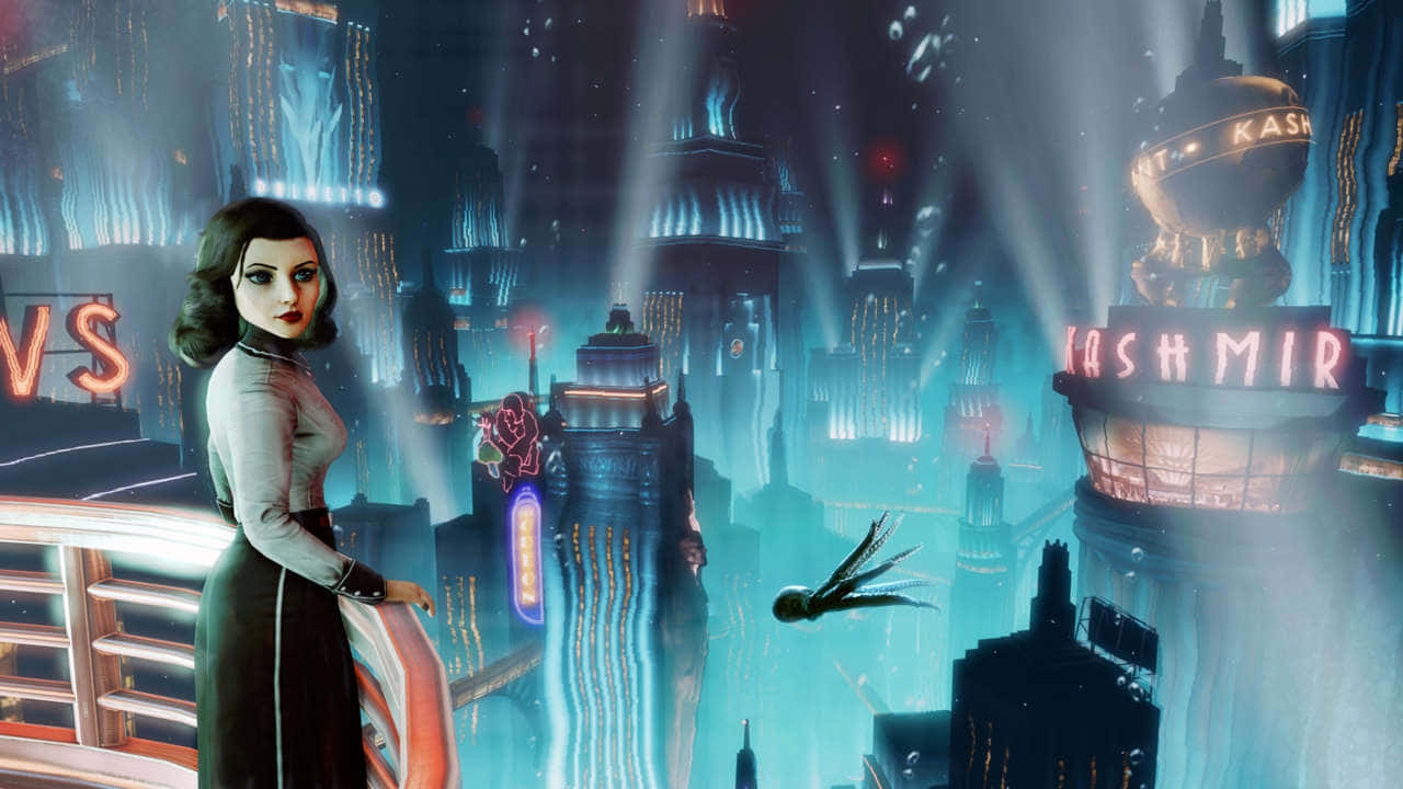 Bioshock Characters, vintage dress, neon-lit cyberpunk cityscape, HD Desktop Wallpaper