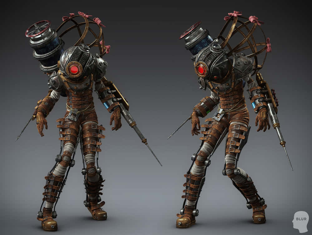 Bioshock Characters, biomechanical armored figures, glowing red eyes, SD Desktop Wallpaper