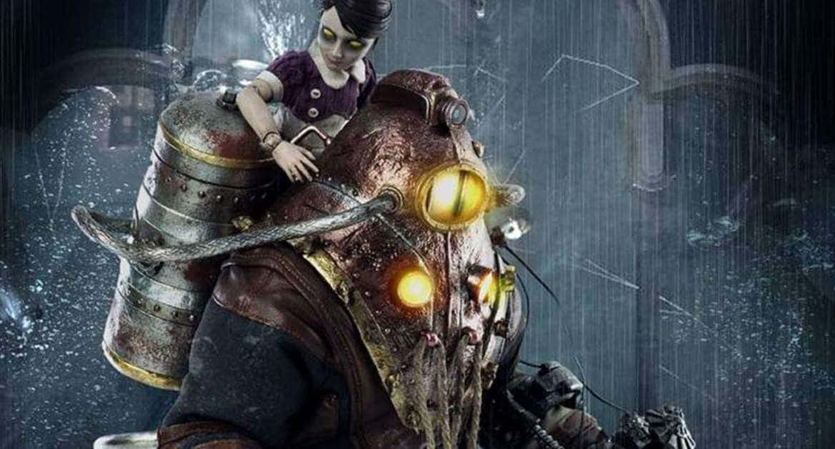 Bioshock, glowing eyes, massive rusted mechanical creature, SD Desktop Wallpaper