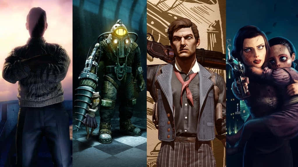 Bioshock Characters, man facing sunset, biomechanical suit with child, SD Desktop Wallpaper