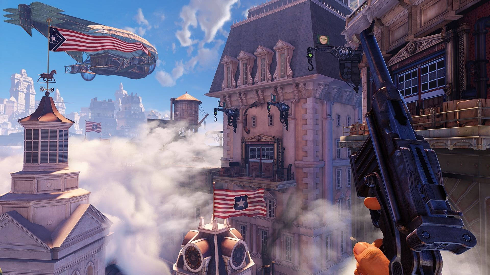 Bioshock Infinite, steampunk cityscape, floating airship, Full HD Desktop Wallpaper