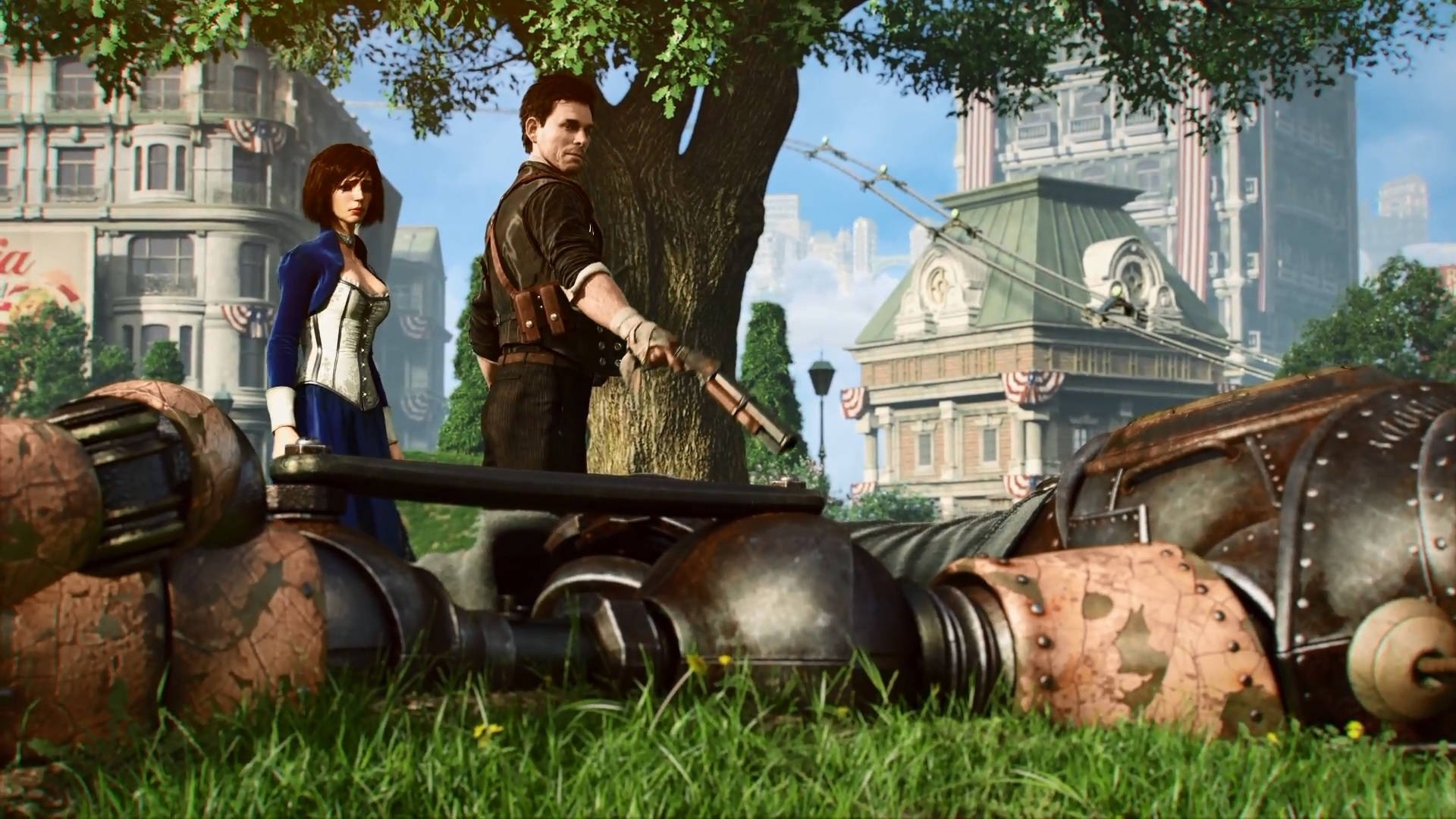 Bioshock Infinite, fallen armored robot, sunlit park, Full HD Desktop Wallpaper