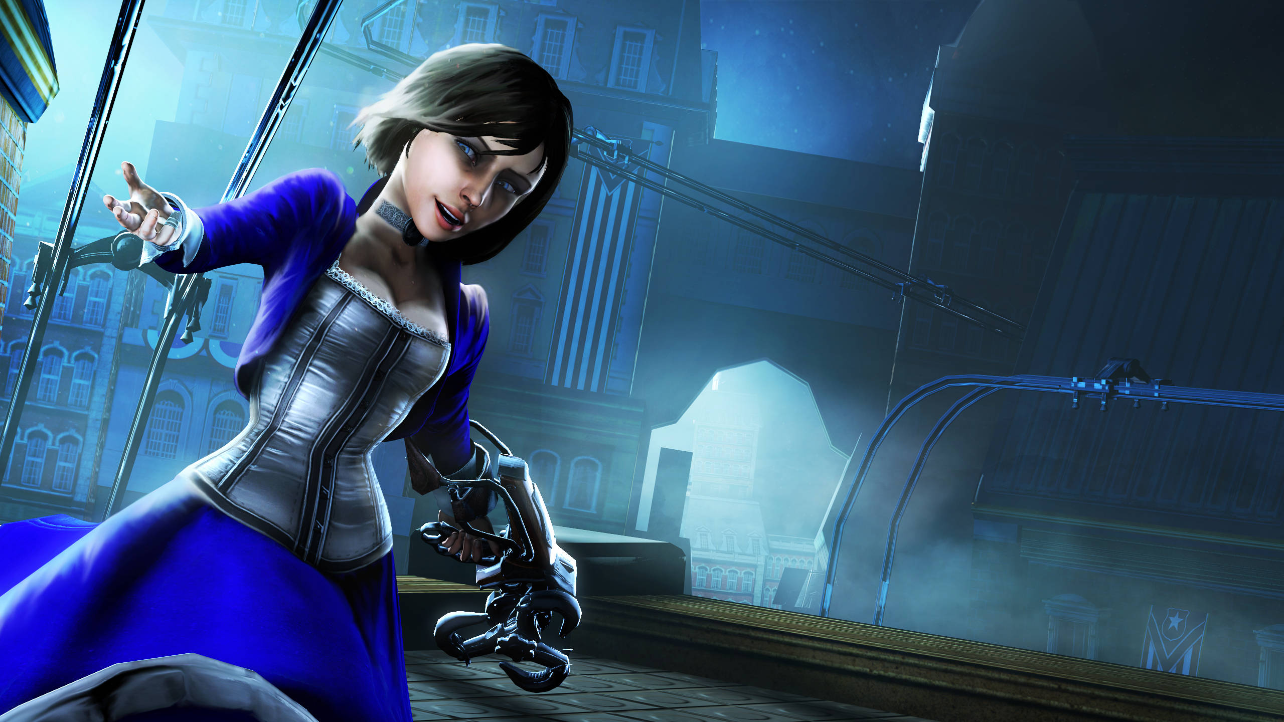 Bioshock Infinite, woman in a blue dress and corset, mechanical arm, 2K Desktop Wallpaper