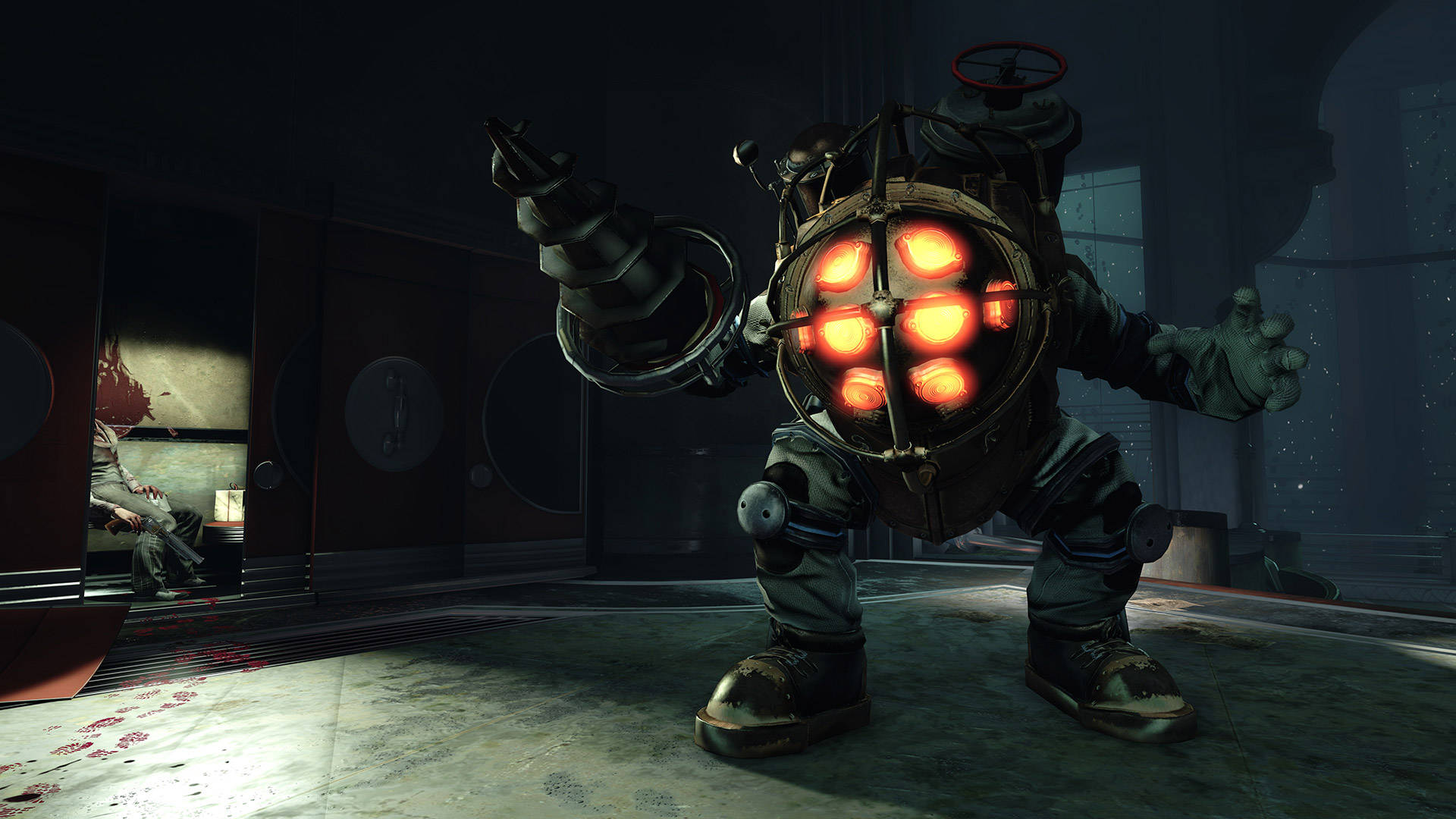 Bioshock Infinite, armored robot, glowing orange eyes, Full HD Desktop Wallpaper