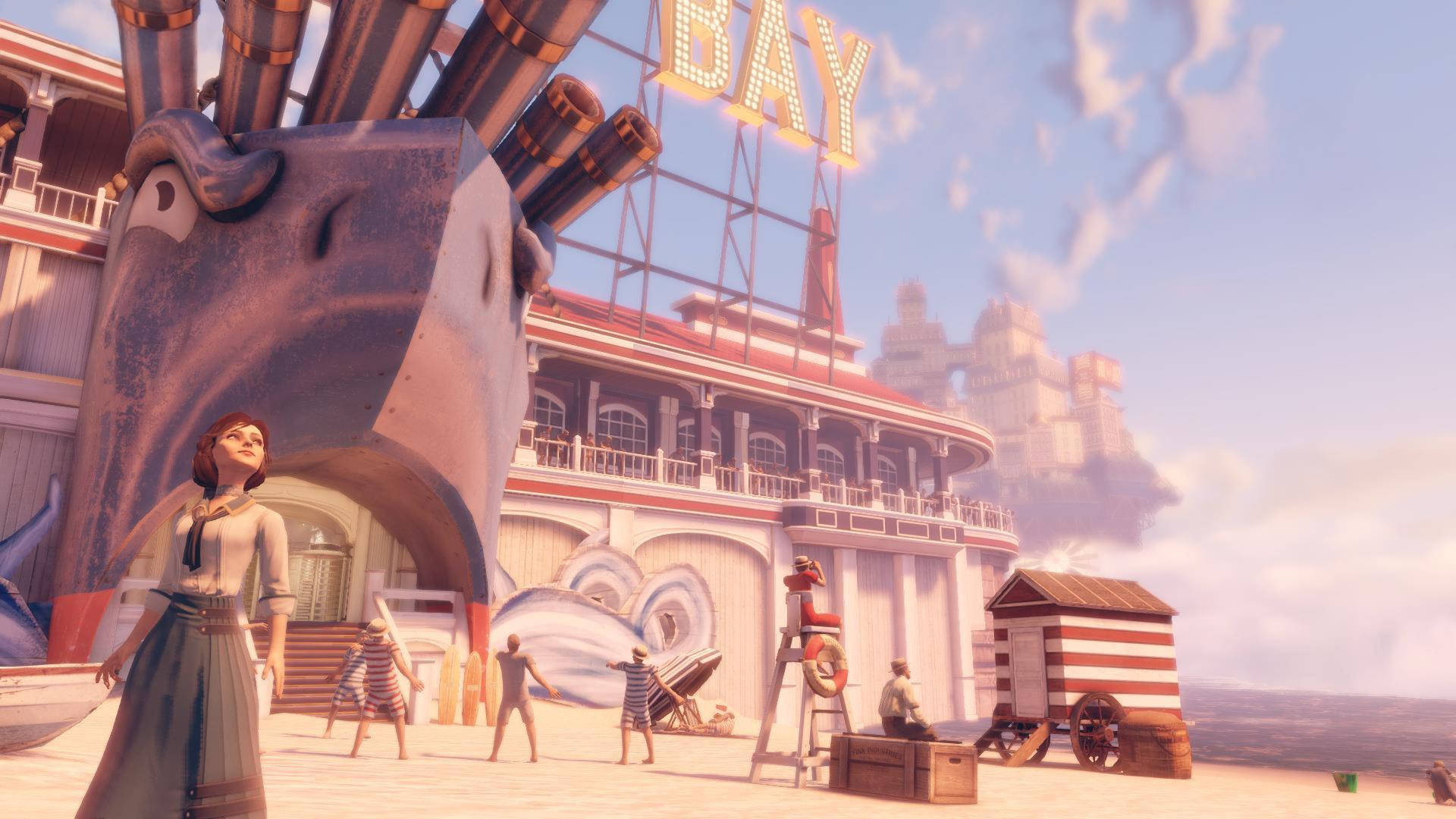 Bioshock Infinite, whale-themed cruise ship, bustling seaside bay, Full HD Desktop Wallpaper