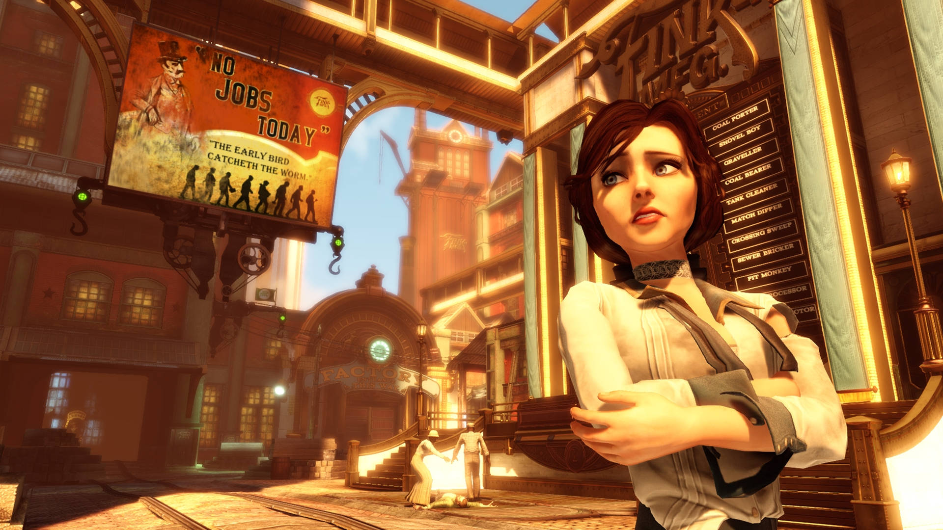 Bioshock Infinite, steampunk-inspired city street, vintage signs, Full HD Desktop Wallpaper