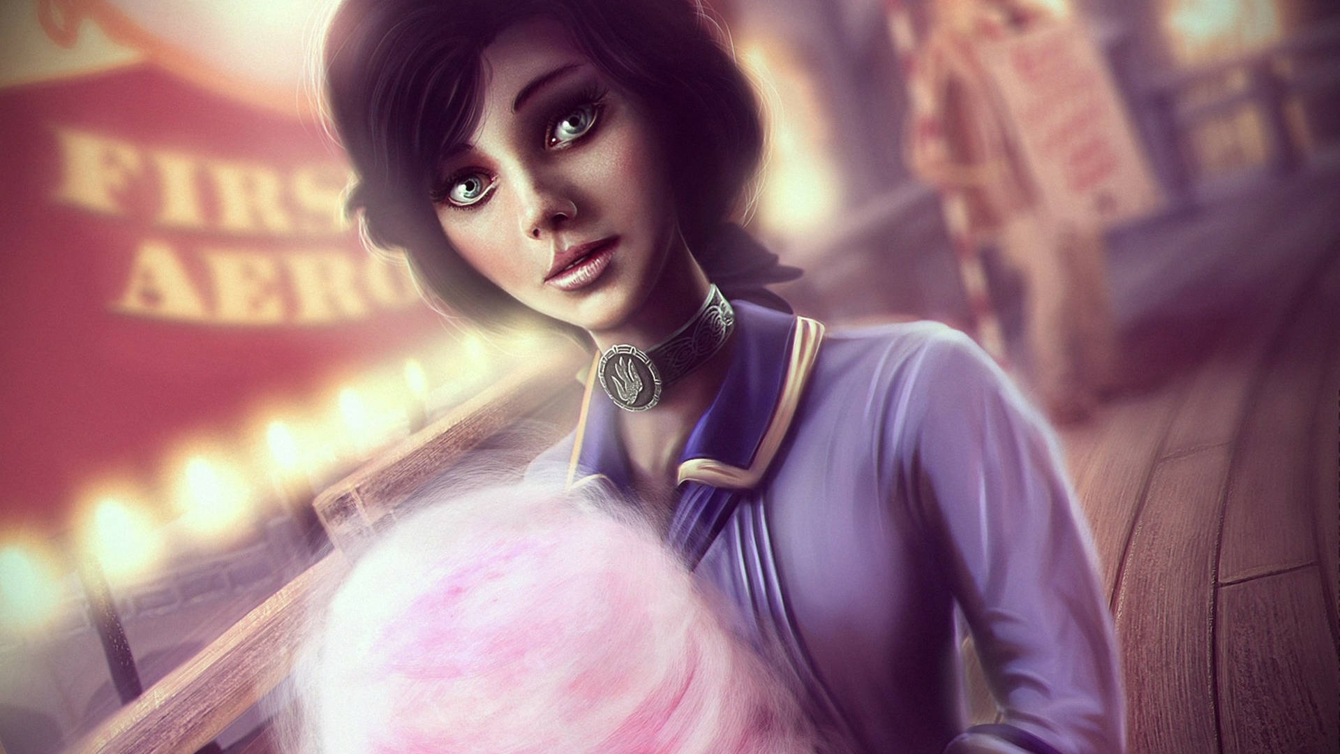 Bioshock Infinite, pink cotton candy, green eyes, Full HD Desktop Wallpaper
