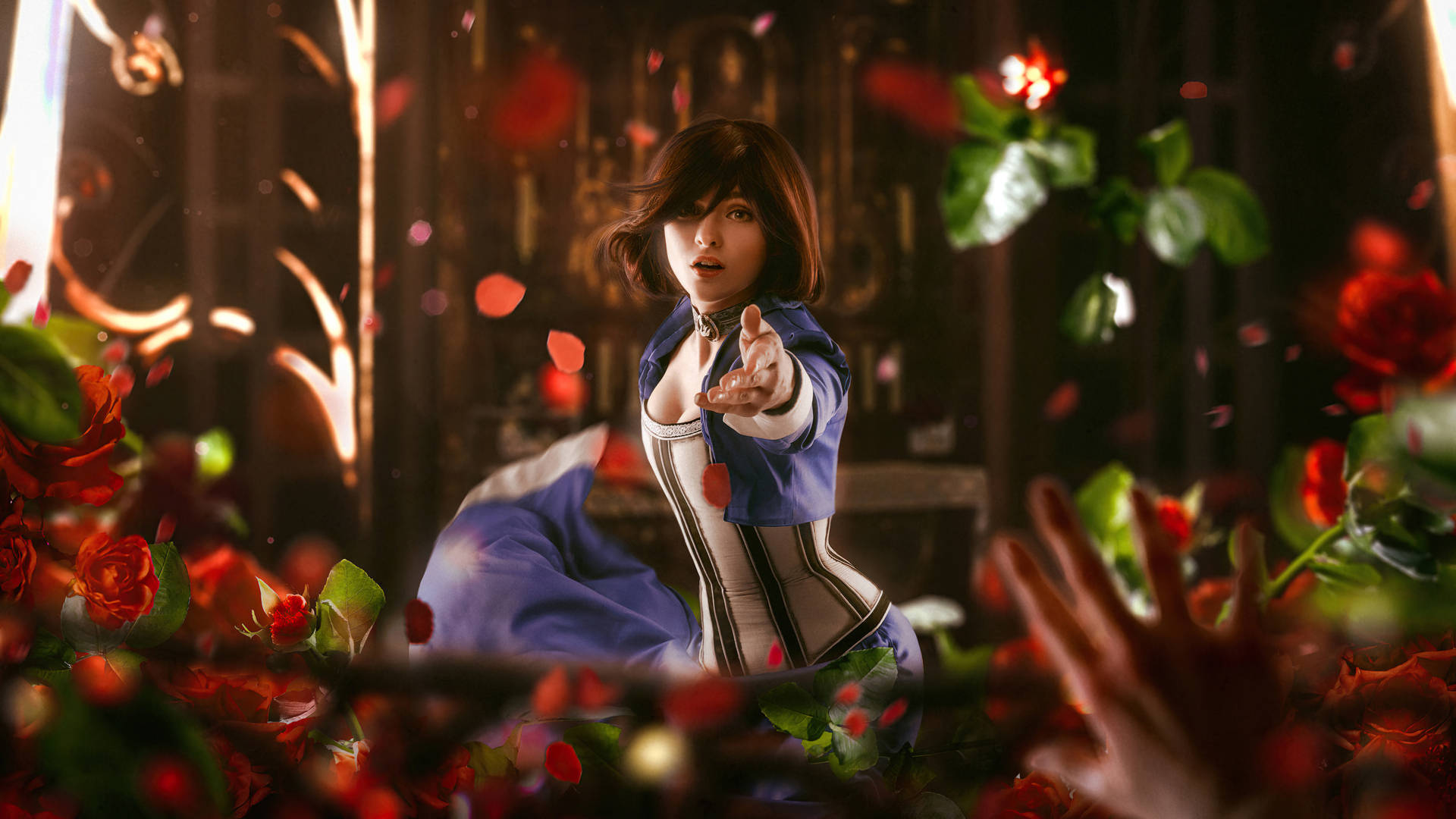 Bioshock Infinite, blue and white corseted dress, falling red roses, Full HD Desktop Wallpaper