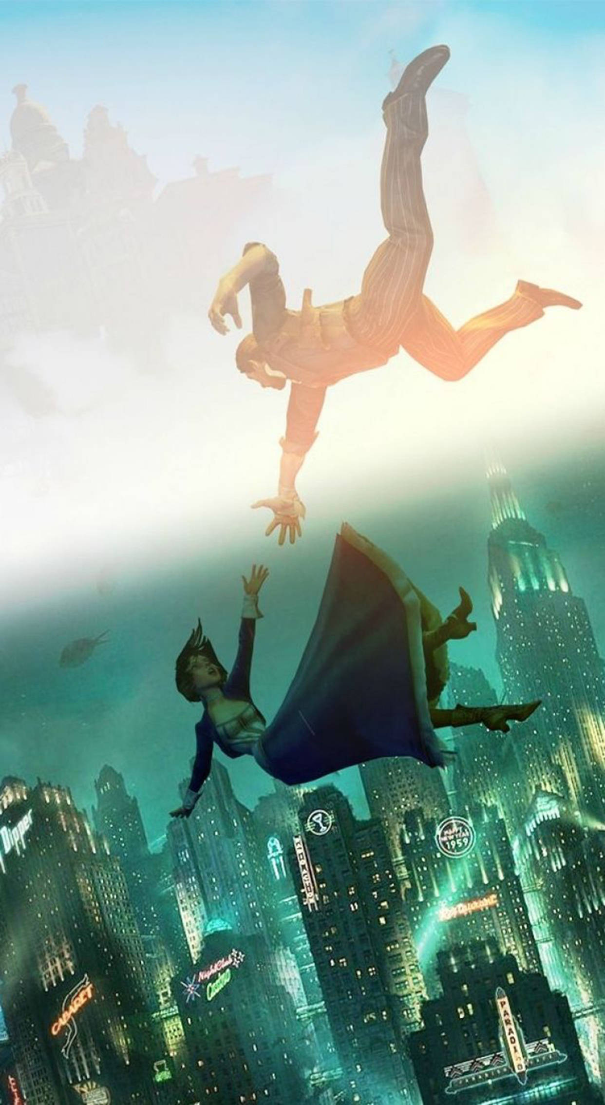 Bioshock Infinite, iPhone, neon-lit cityscape, Full HD Phone Wallpaper