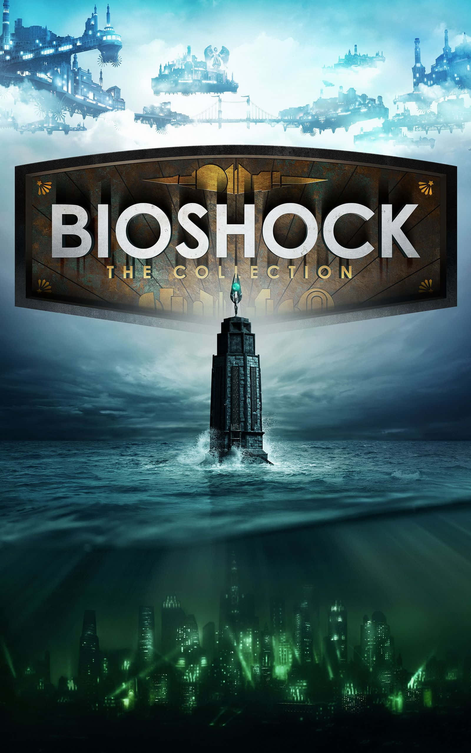 Bioshock, submerged city, glowing green lights, 2K Phone Wallpaper