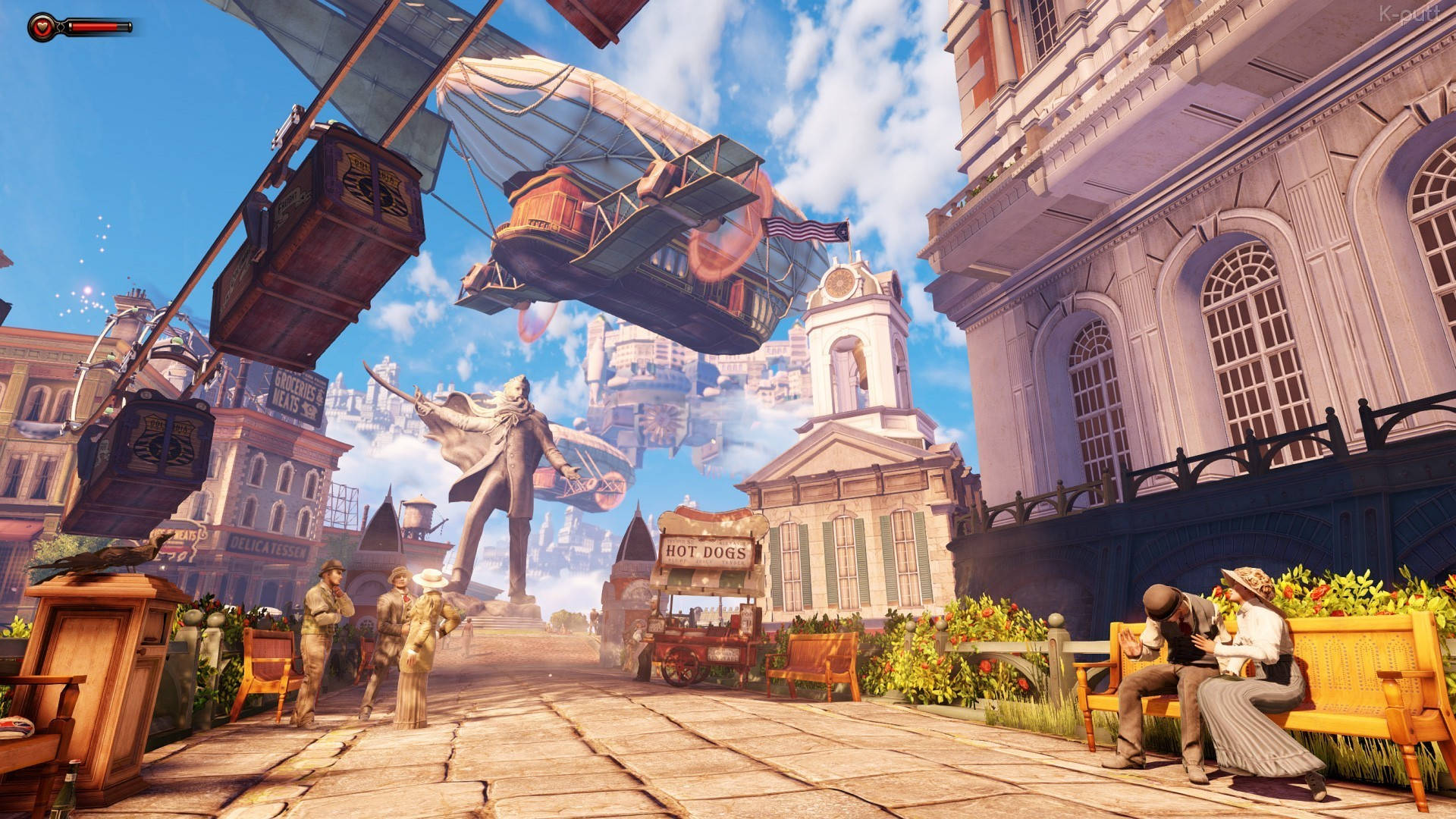 Bioshock Infinite, steampunk city street, floating airships, Full HD Desktop Wallpaper