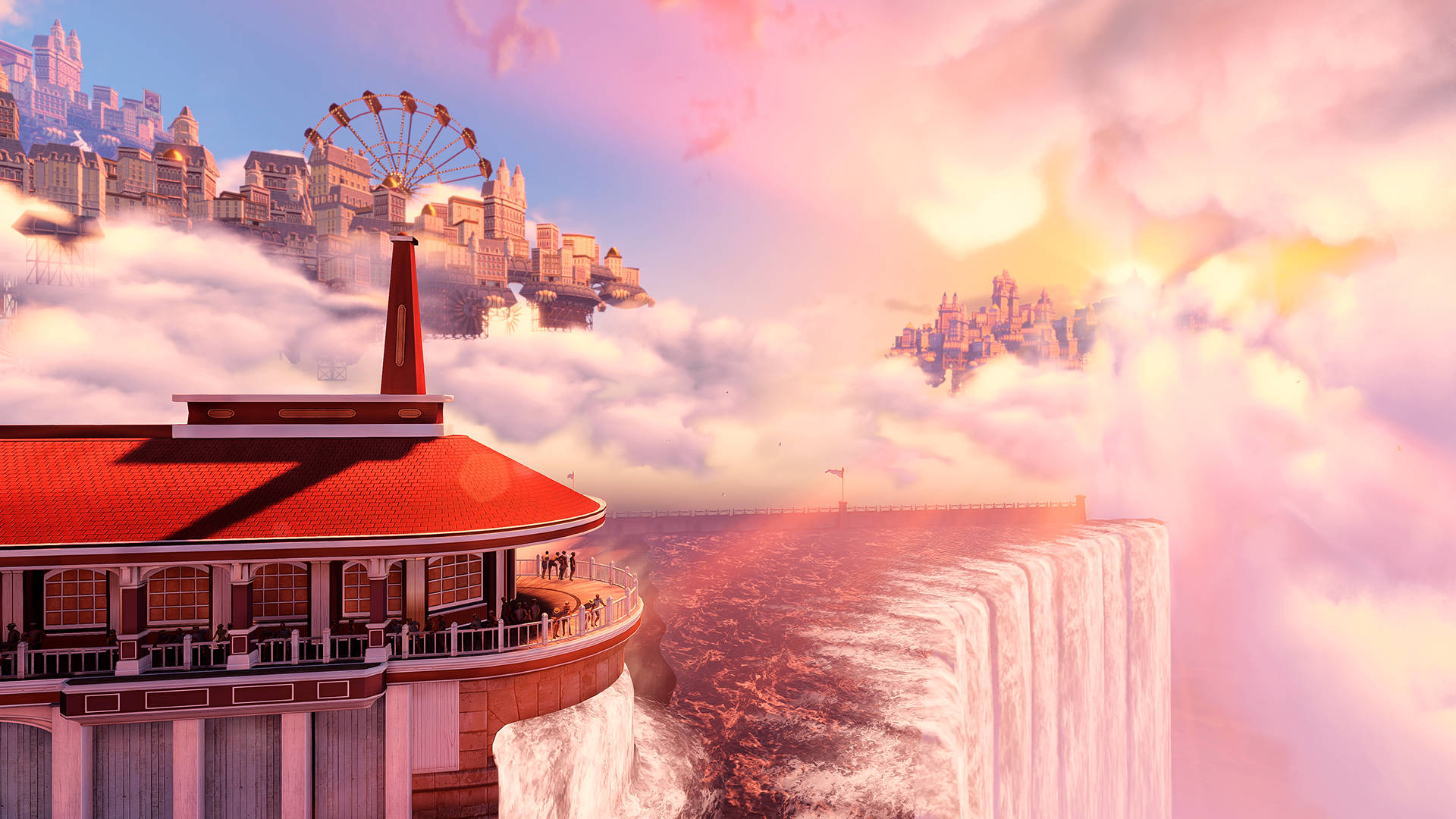 Bioshock Infinite, futuristic city, red-roofed building, Full HD Desktop Wallpaper