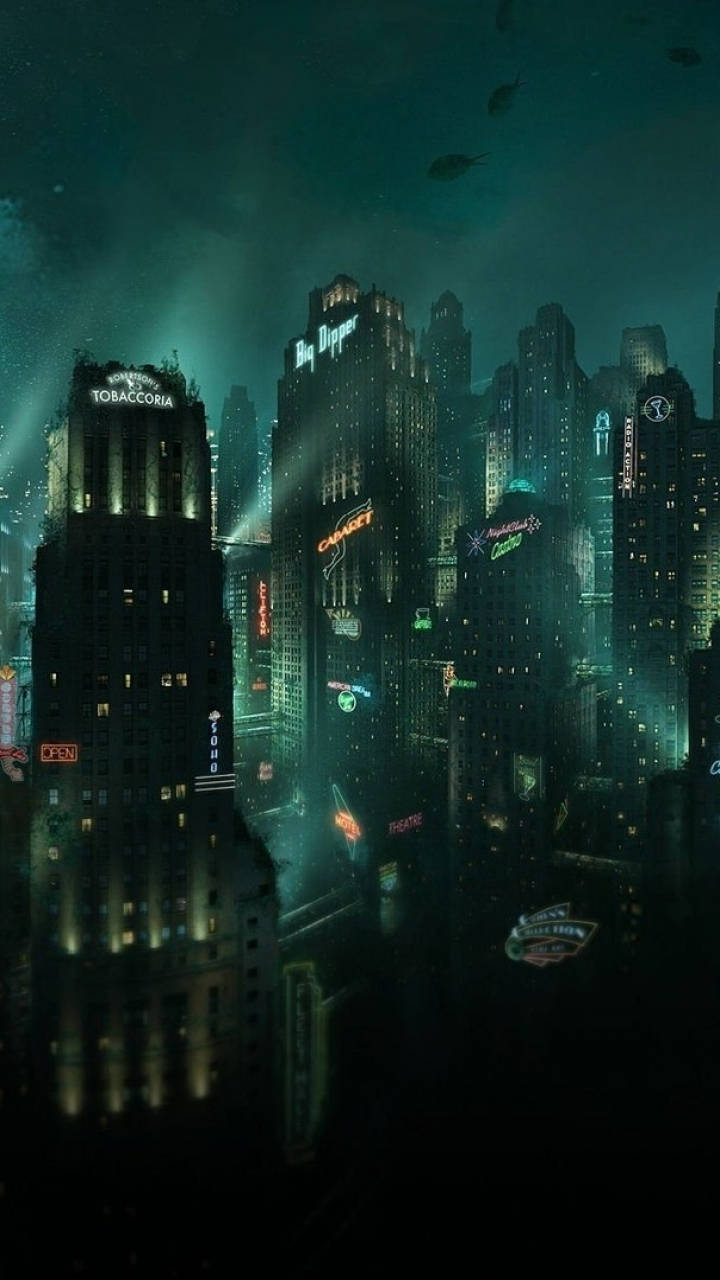Bioshock, cyberpunk cityscape, neon-lit, HD Phone Wallpaper