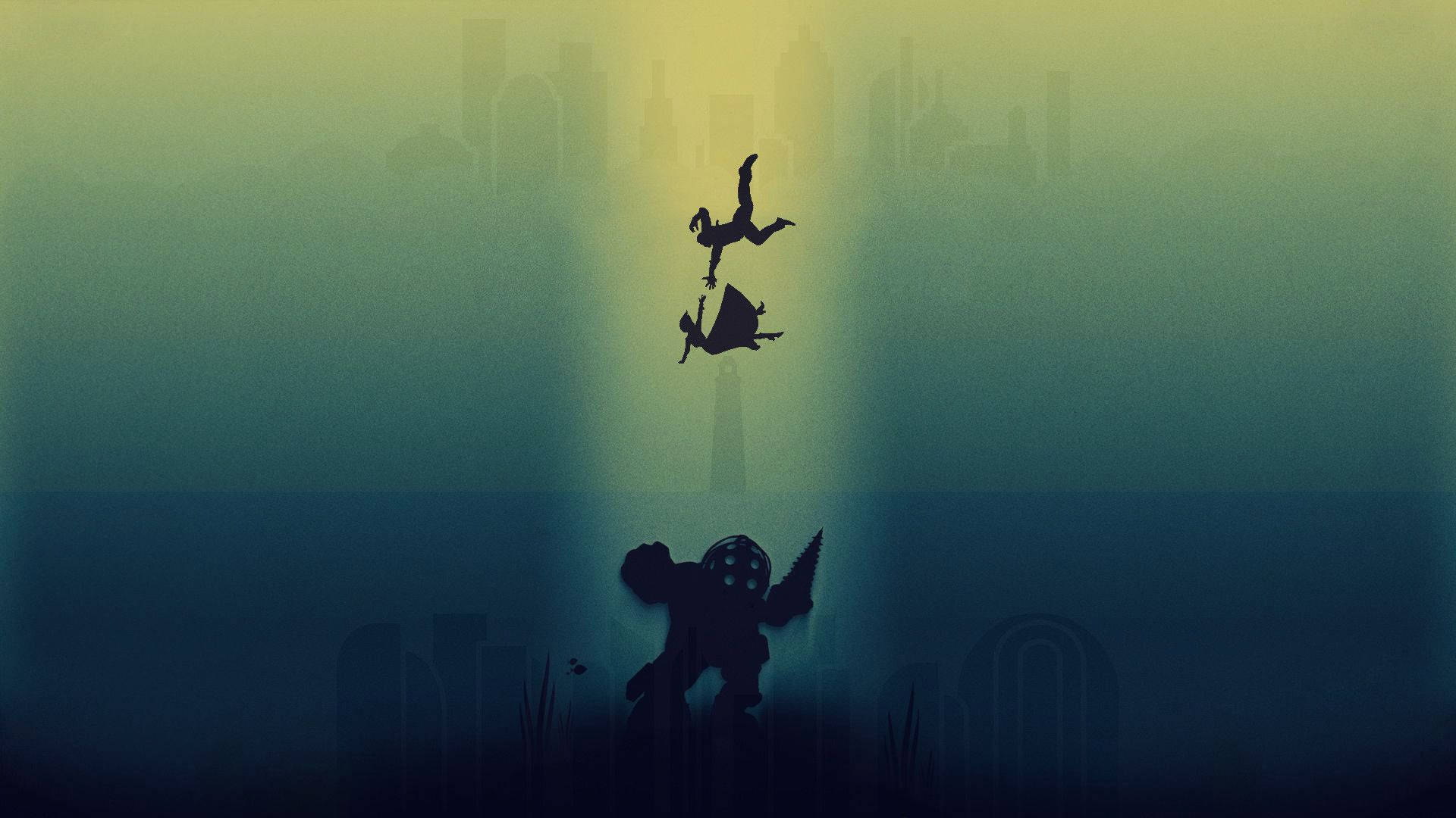 Green BioShock, falling silhouettes, glowing beam, Full HD Desktop Wallpaper