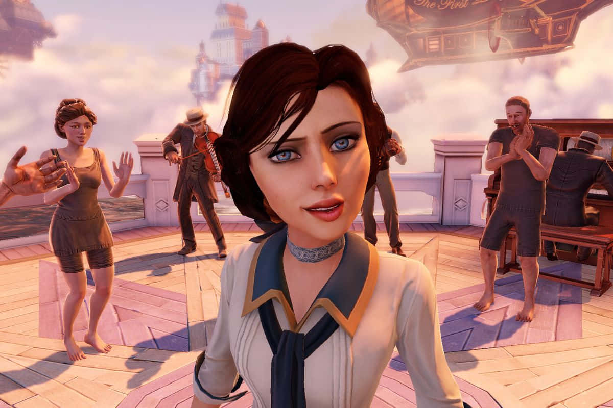 Bioshock, woman in a white blouse with blue accents, wooden deck, SD Desktop Wallpaper