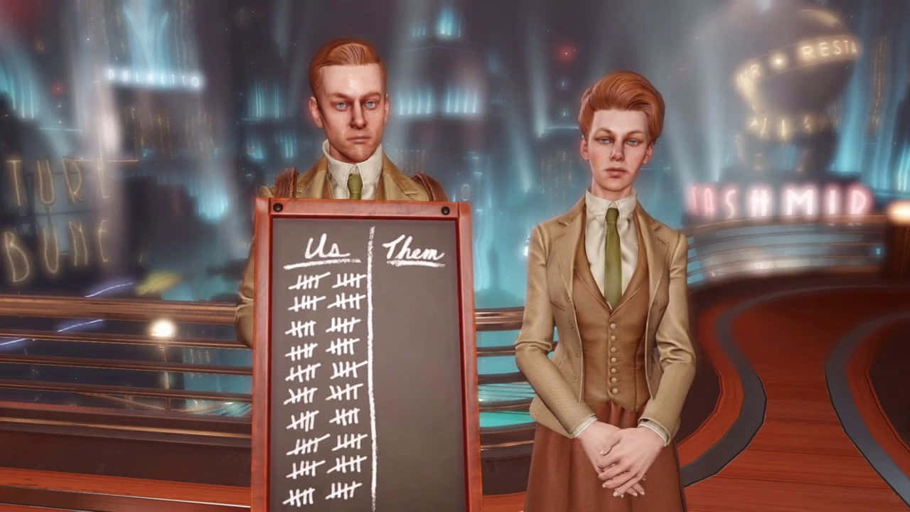 Bioshock, vintage suits, tally board labeled 'Us' and 'Them', HD Desktop Wallpaper
