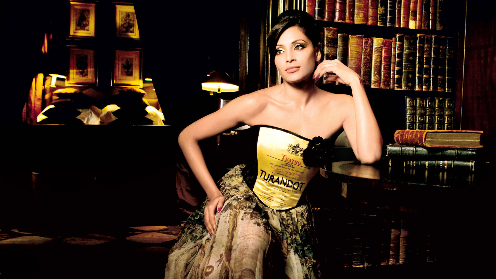 Bipasha Basu, gold Turandot corset, floral skirt, Full HD Desktop Wallpaper