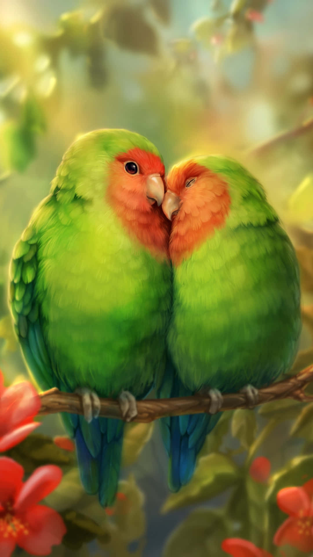 Green Bird iPhone, lovebirds, orange faces, Full HD Phone Wallpaper