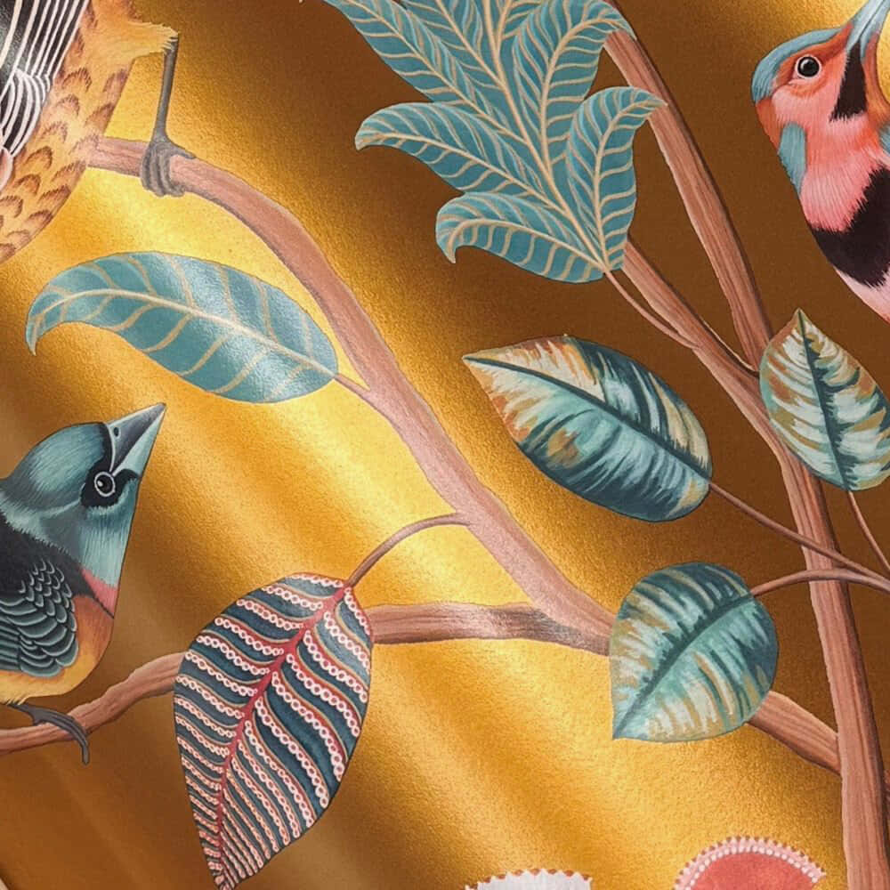 tropical birds, patterned leaves, shimmering golden background, SD Desktop Wallpaper
