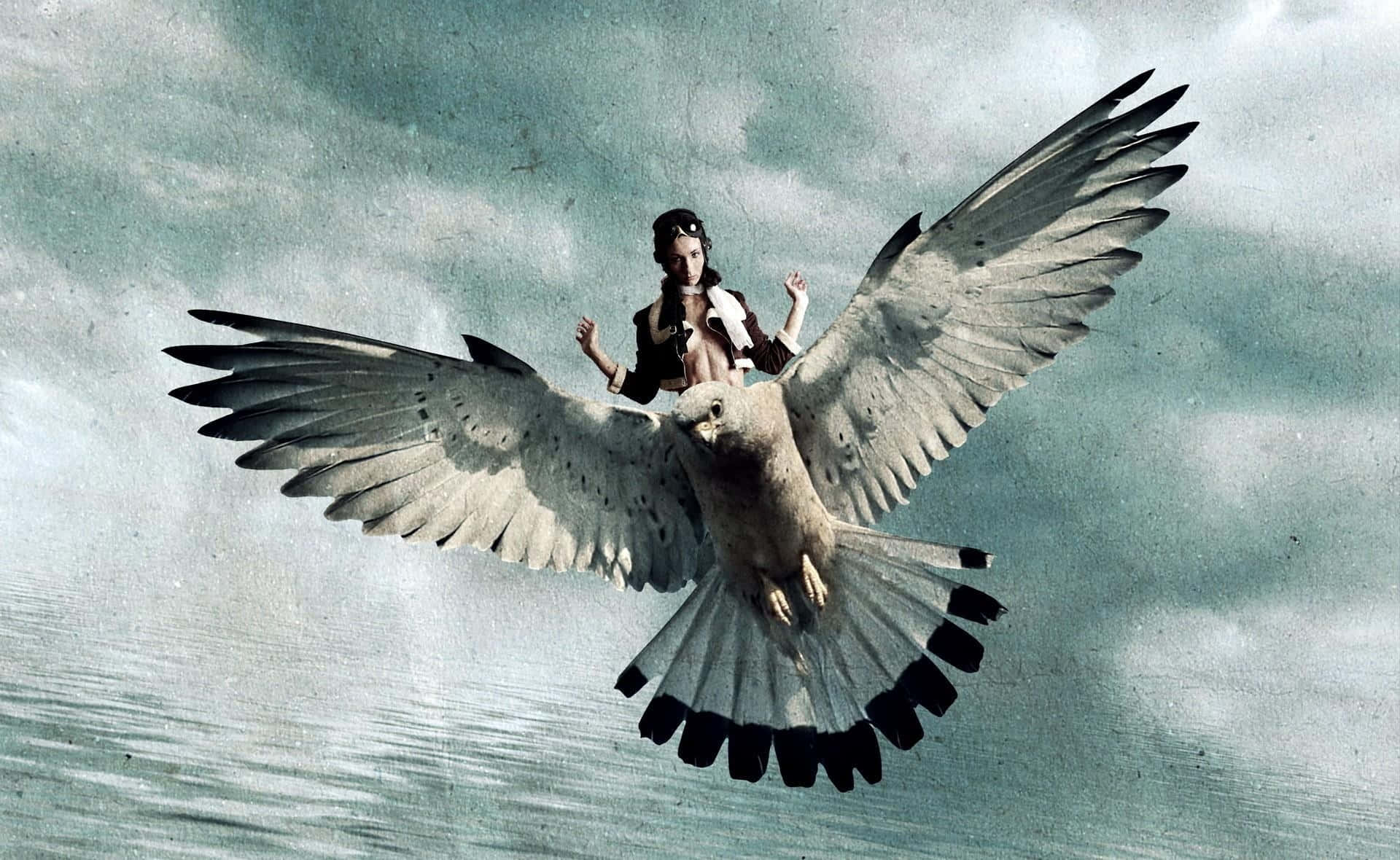woman, large bird of prey, vast body of water, Full HD Desktop Wallpaper