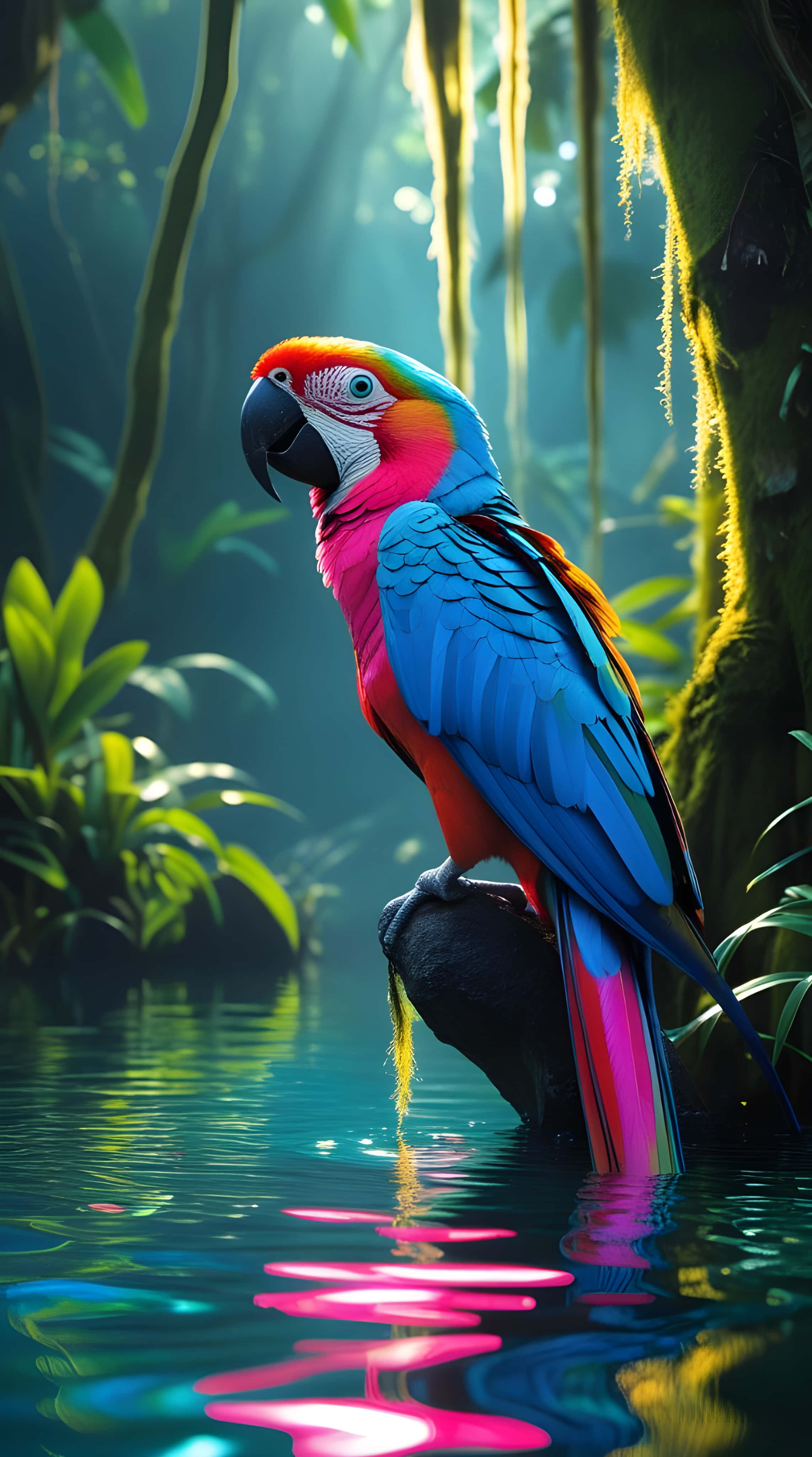 macaw, blue pink and yellow feathers, misty jungle pond, 4K Phone Wallpaper