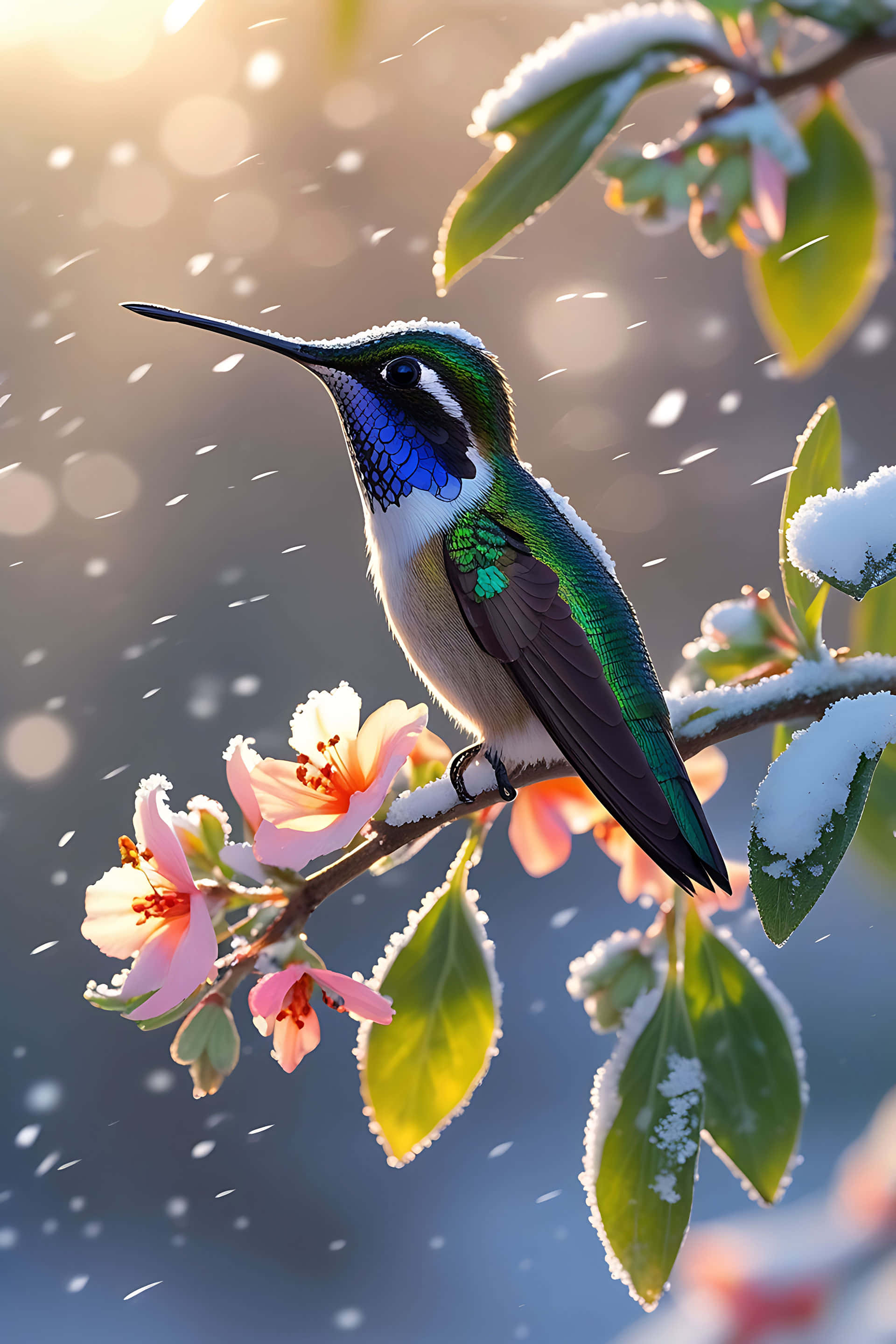 hummingbird, snowy blossoms, iridescent blue green feathers, 2K Phone Wallpaper