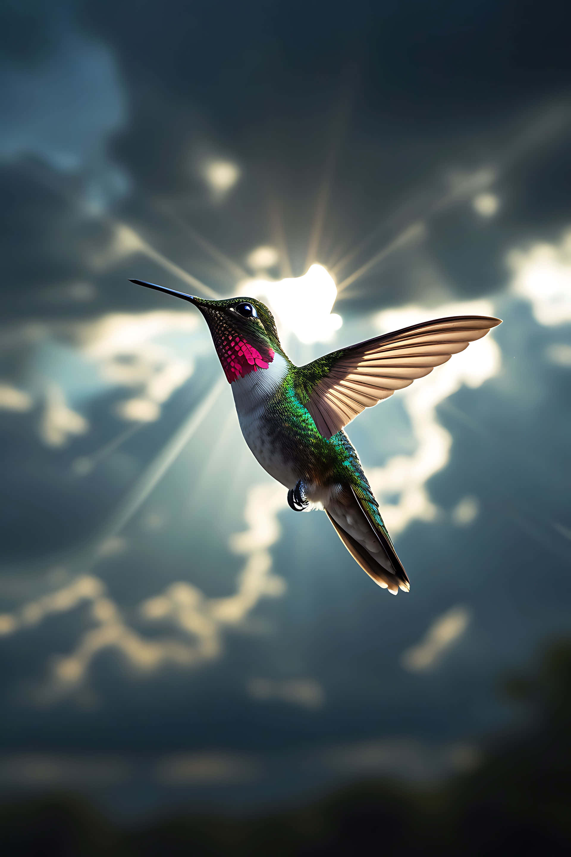 hummingbird, iridescent green feathers, pink throat, 2K Phone Wallpaper