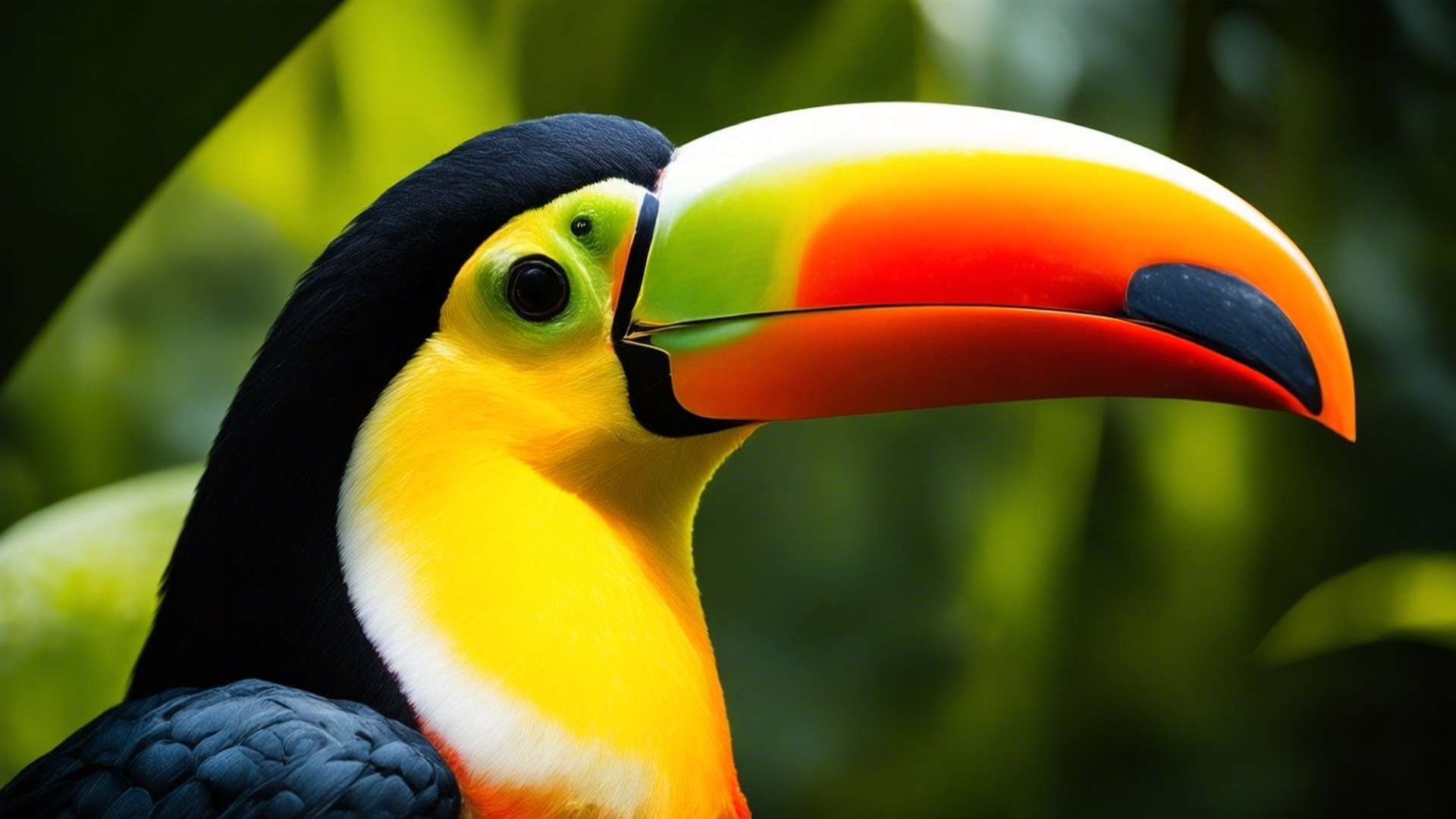toucan, rainbow-colored beak, black-and-yellow plumage, Full HD Desktop Wallpaper