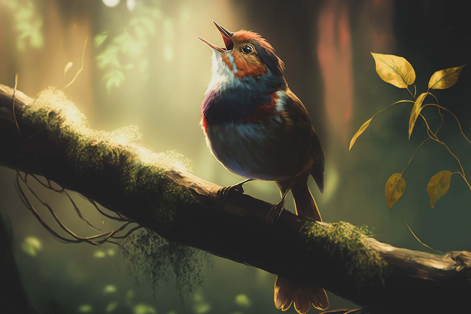Birds Chirping, serene forest, mossy branch, Full HD Desktop Wallpaper
