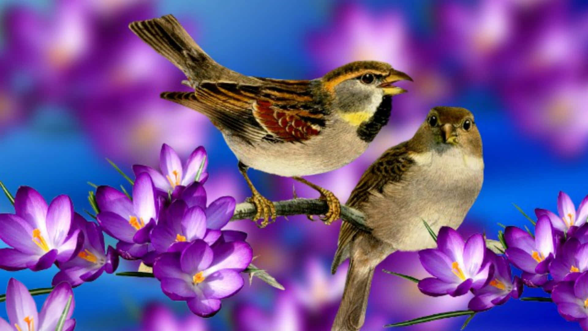 sparrows, branch, vibrant purple crocus flowers, Full HD Desktop Wallpaper