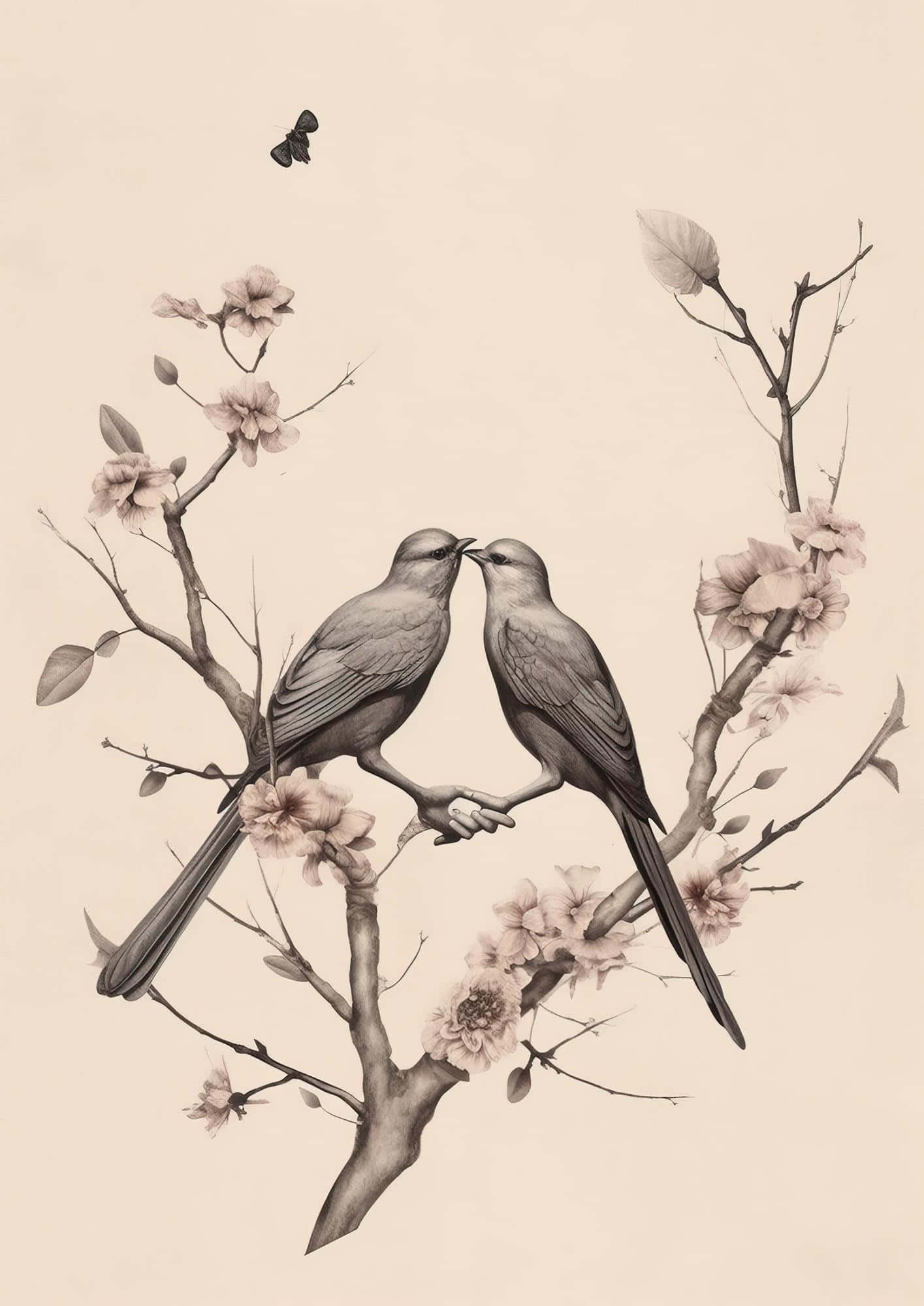 vintage birds kissing branch, sepia tone, blossoming branches, Full HD Phone Wallpaper