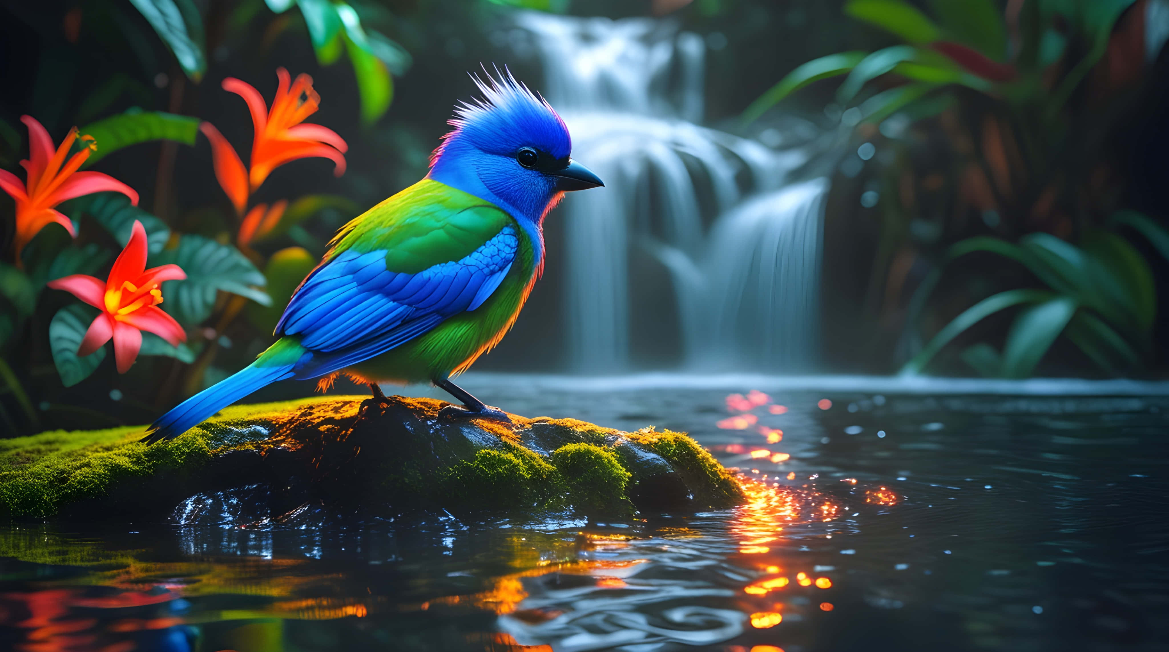 vibrant blue green bird, mossy rock, glowing waterfall, 4K Desktop Wallpaper