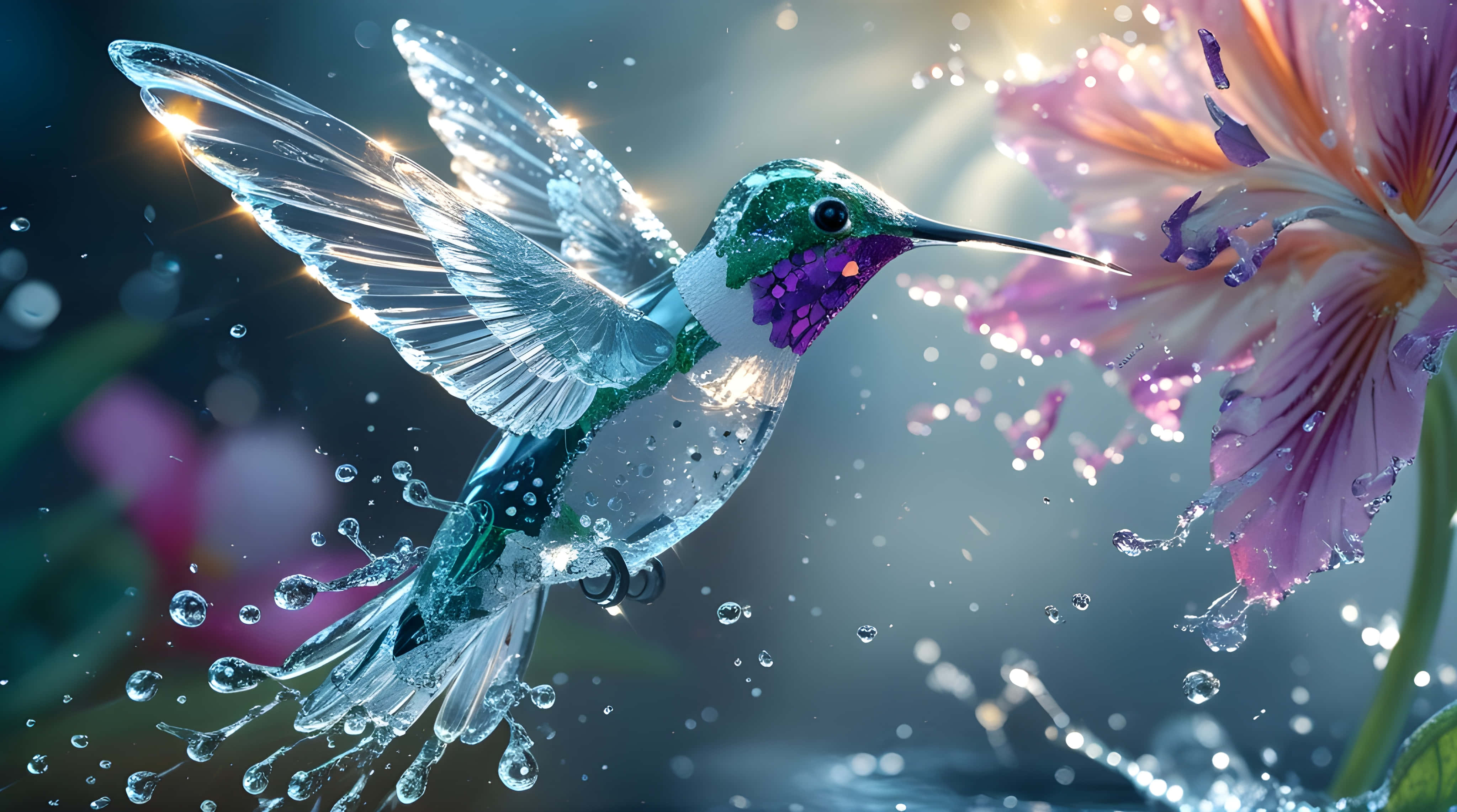 crystalline hummingbird, iridescent wings, dewy pink flower, 4K Desktop Wallpaper