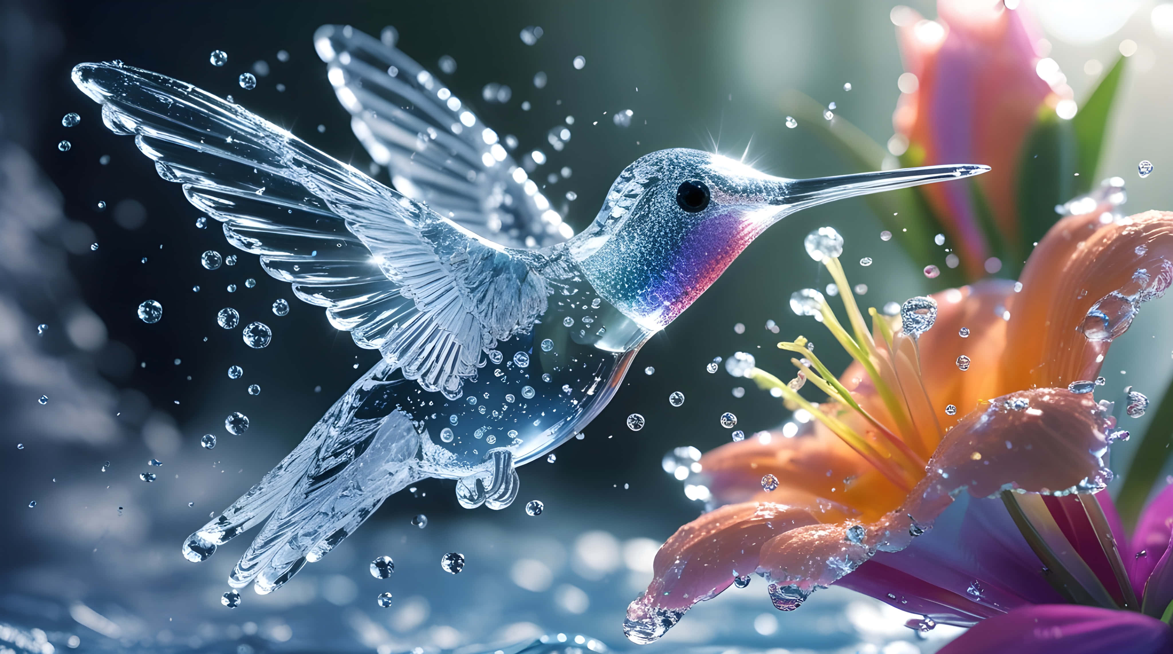 hummingbird, water, dewy orange lily, 4K Desktop Wallpaper