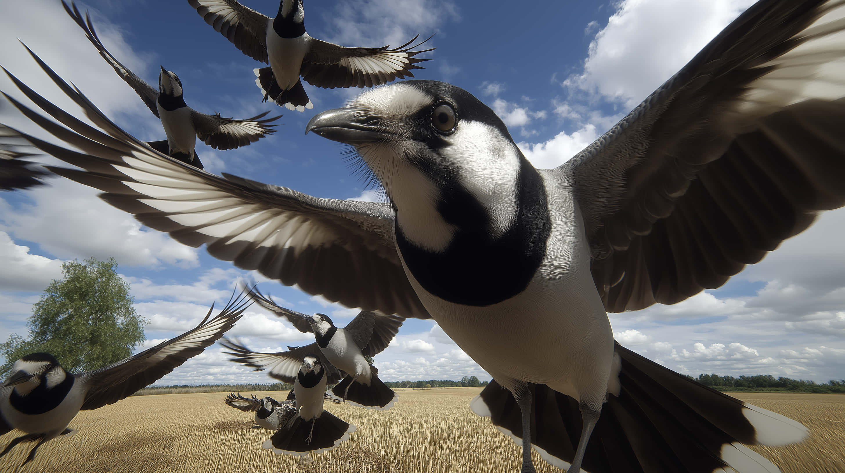 flock of magpies, black and white feathers, bright blue sky, 2K Desktop Wallpaper