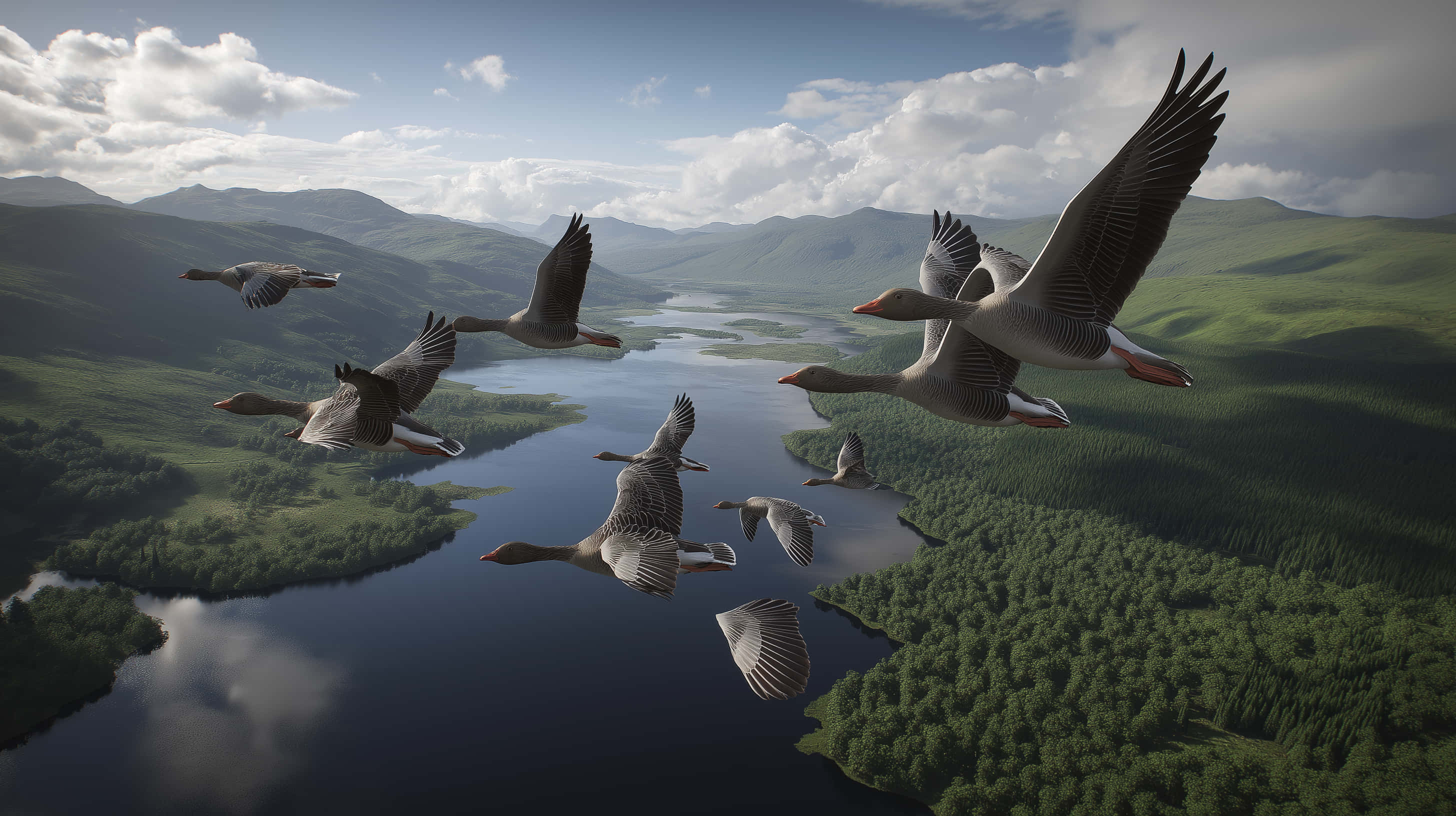 flock of geese, winding river, lush green mountains, 2K Desktop Wallpaper