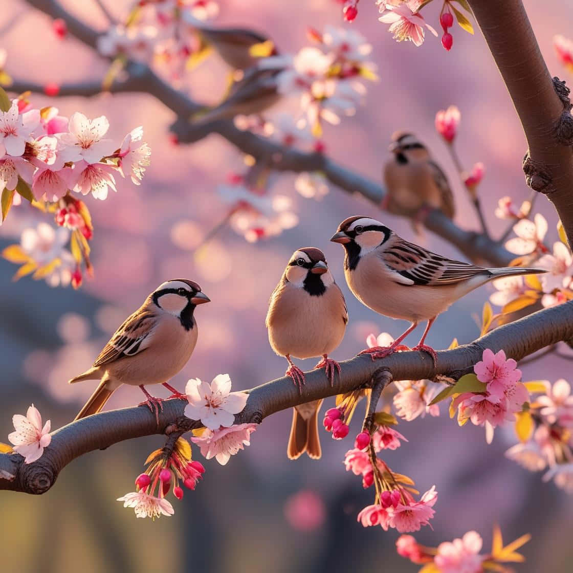 sparrows, blossoming cherry branch, soft pink flowers, SD Desktop Wallpaper