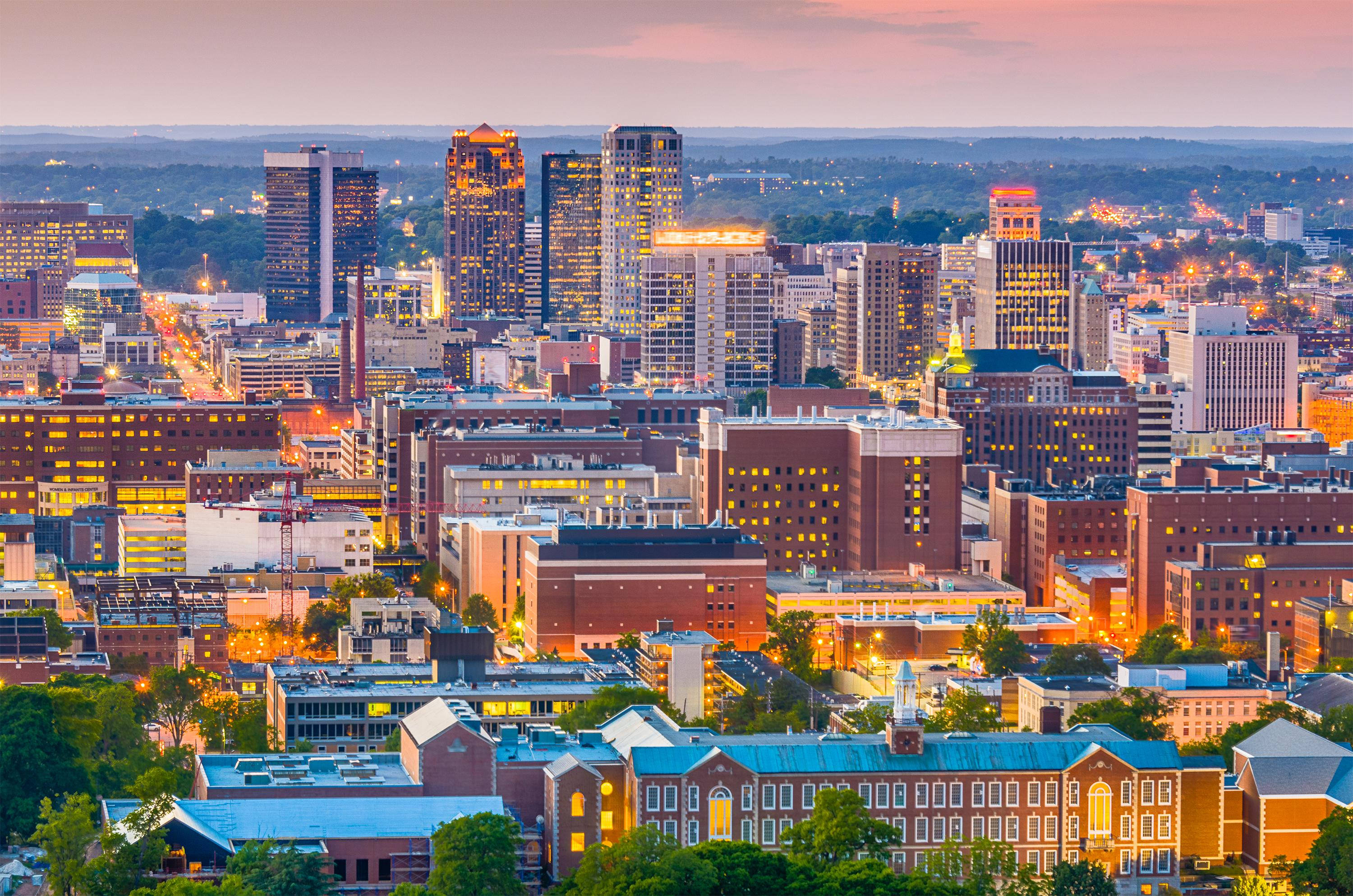 Birmingham, dusk, illuminated skyscrapers, 2K Desktop Wallpaper