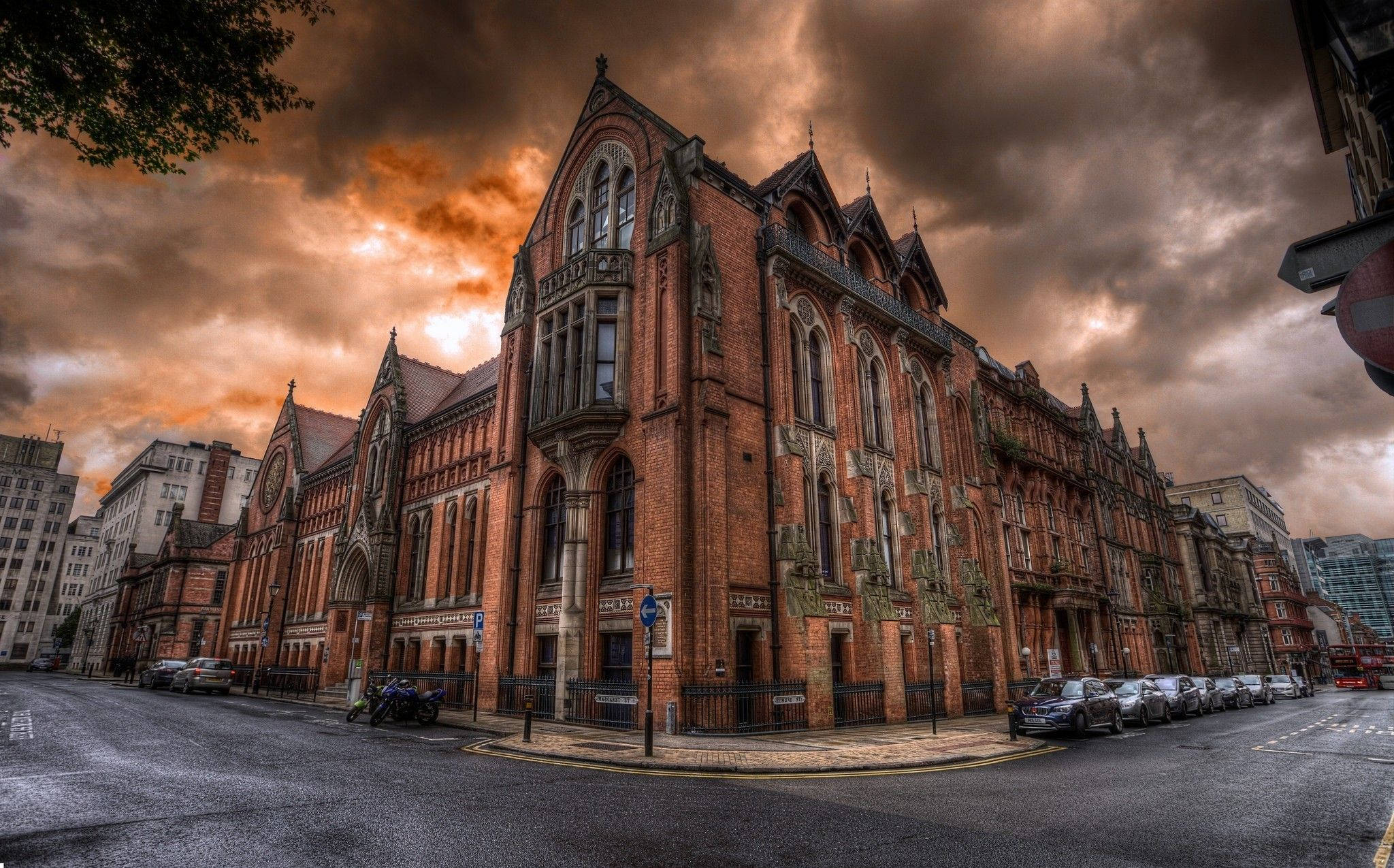 Birmingham, red brick Victorian building, orange and grey stormy sky, Full HD Desktop Wallpaper