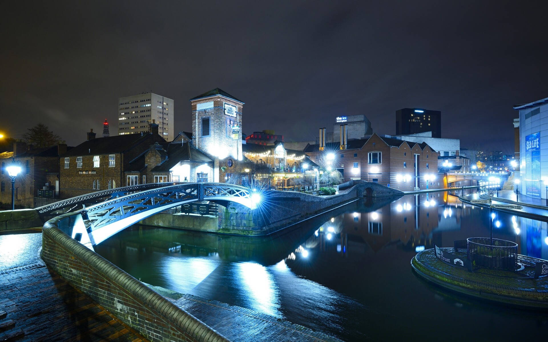 Birmingham, canal, night, Full HD Desktop Wallpaper