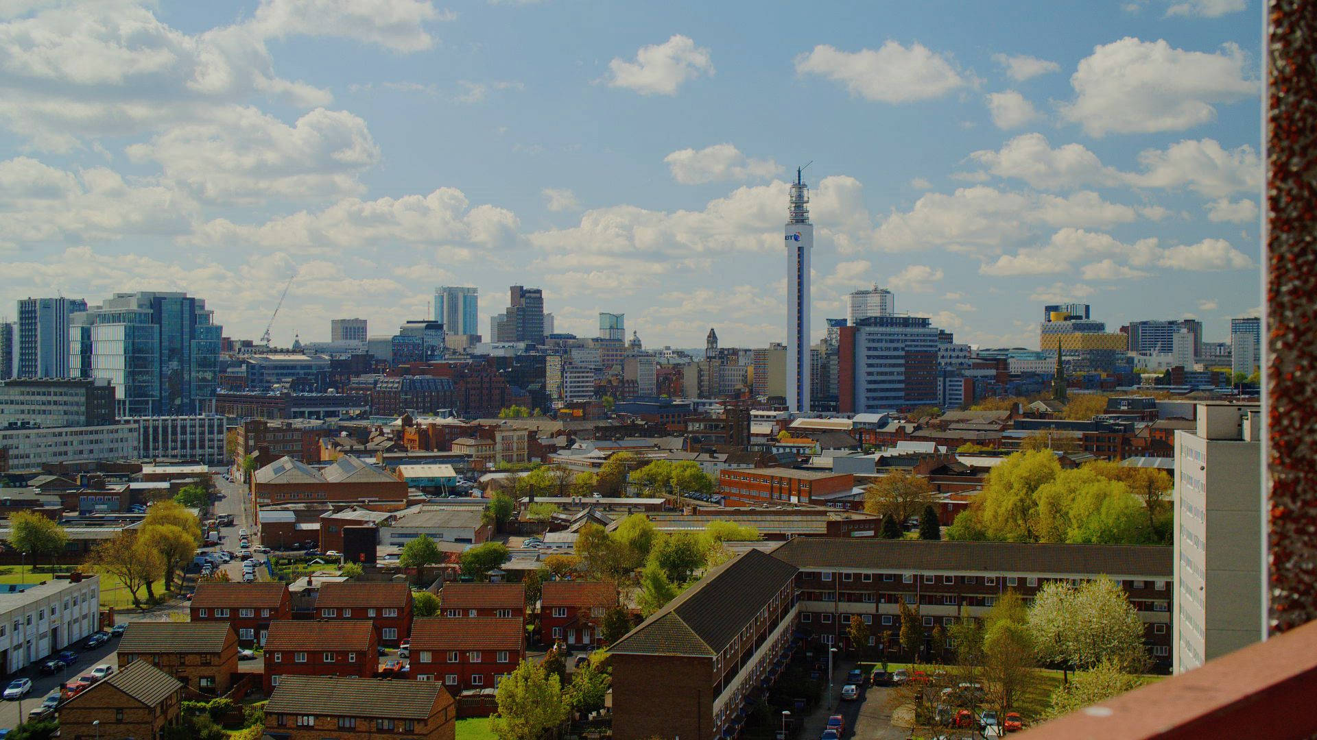 Birmingham, bright blue sky, fluffy white clouds, Full HD Desktop Wallpaper